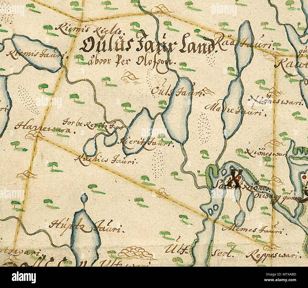 . Svenska: Lappskattelandet Oulusjaur väster om Sorsele, avbildat på Jonas Persson Geddas karta över Umeå lappmark 1671. English: Sami traditional land 'Oulusjaur', west of Sorsele in northern Sweden. Part of Jonas Persson Gedda's map of Umeå lappmark from 1671. 5 June 2012. Jonas Persson Gedda 460 Oulusjaurlandet Stock Photo