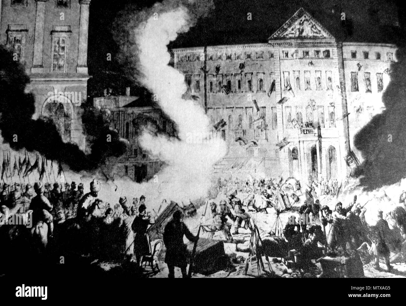 . Russian army demolishing Zamoyski Palace in Warsaw 1863 after count Berg assasination attempt . 19th century. Anonymous plate 533 Russians demolishing Zamoyski Palace in Warsaw 1863 Stock Photo