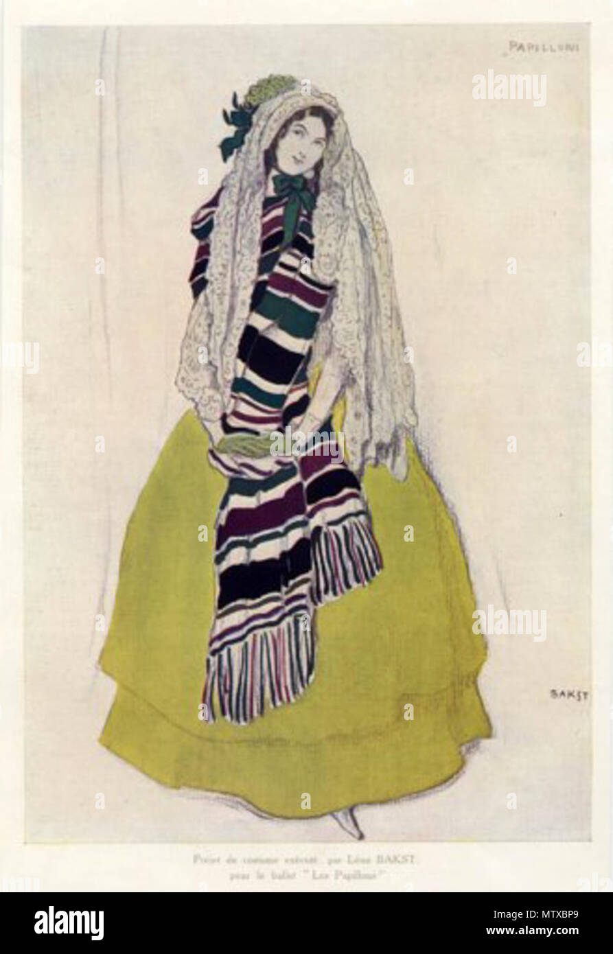 . Lady in 'Papillons.' (1912) From Souvenir Serge de Diaghileff's Ballet Russe, with originals by Leon Bakst and others. (New York : Metropolitan Ballet Company, c1916) Bakst, Léon (1866-1924), Artist. 1912. Bakst 466 Papillons by L. Bakst 02 Stock Photo