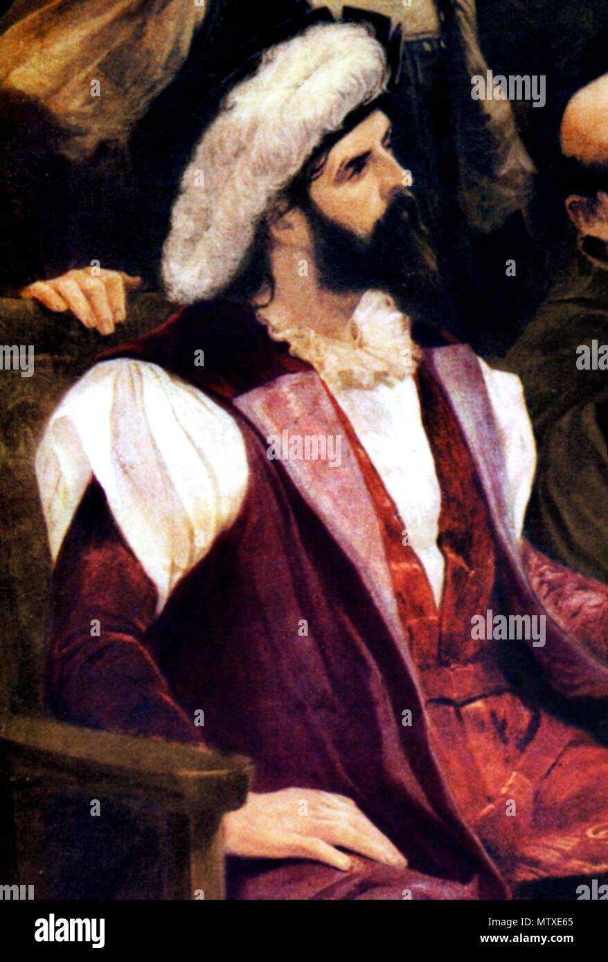 . English: Detail of painting 'Vaz de Caminha reads to Commander Cabral, Friar Henrique and Master João the letter that will be sent to King Dom Manuel I'. It depicts Pedro Álvares Cabral, leader of the Portuguese expediction that discovered the land that would later be known as Brazil in 1500. 1900. Francisco Aurélio de Figueiredo e Melo (1854–1916) 473 Pedro Alvares Cabral Stock Photo