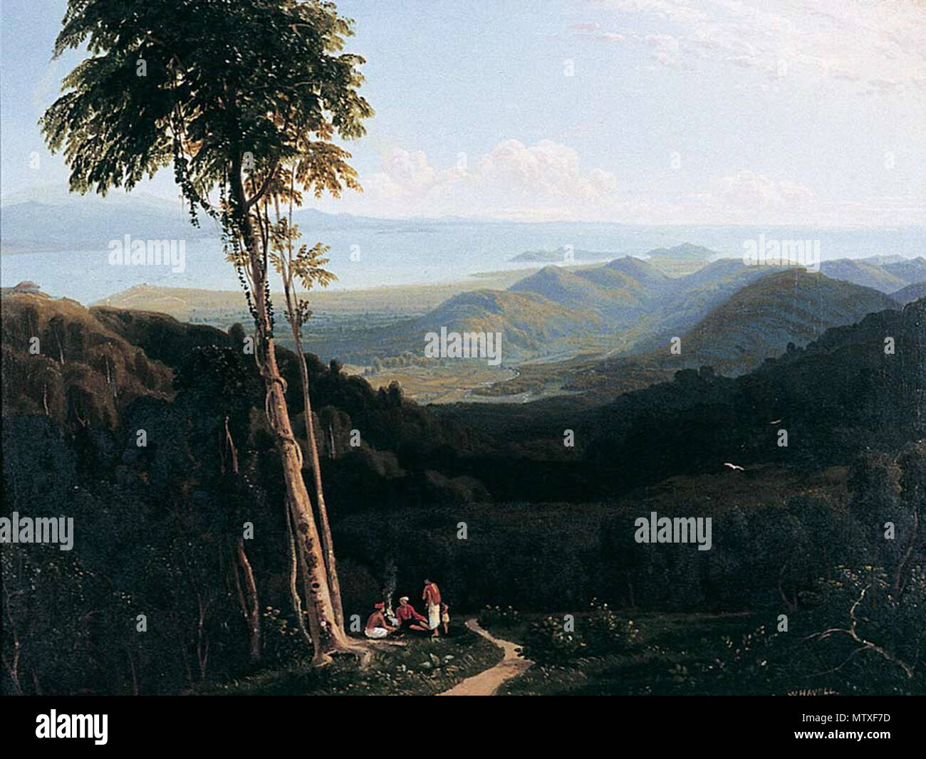 . English: Source: http://www.penangmuseum.gov.my/museum/sites/default/files/portfolio images/448.jpg Title: View from Penang Hill Media: Oil Width: 530 mm (21 in) Height: 710 mm (28 in) Year of creation: 1817 Mode of acquisition: Purchased 1979 (State Government) . 1817. Penang State Museum and Art Gallery 475 Penang Museum historical painting 448 Stock Photo