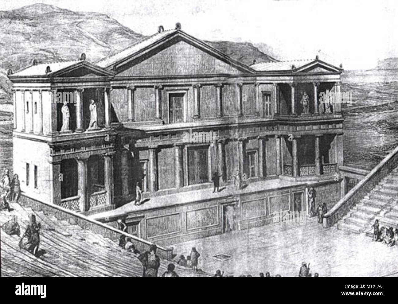 . Italiano: Ricostruzione edificio scenico del teatro di Segesta. 1925. Heinrich Wirsing 545 Scena-teatro-Segesta Stock Photo
