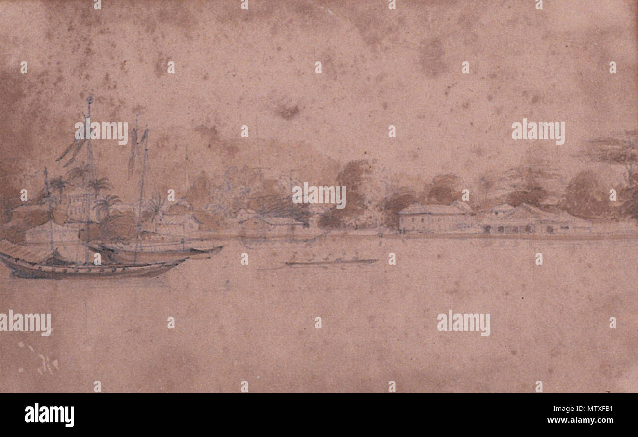 . English: Source: http://www.penangmuseum.gov.my/museum/sites/default/files/portfolio images/M153b.jpg Title: Penang Media: Pencil Drawing Width: 228 mm (9.0 in) Height: 143 mm (5.6 in) Year of creation: 1845 Mode of acquisition: Presented by Mr. Frode Holm Peterson, 1980 . 1845. Penang State Museum and Art Gallery 475 Penang Museum historical painting M153b Stock Photo