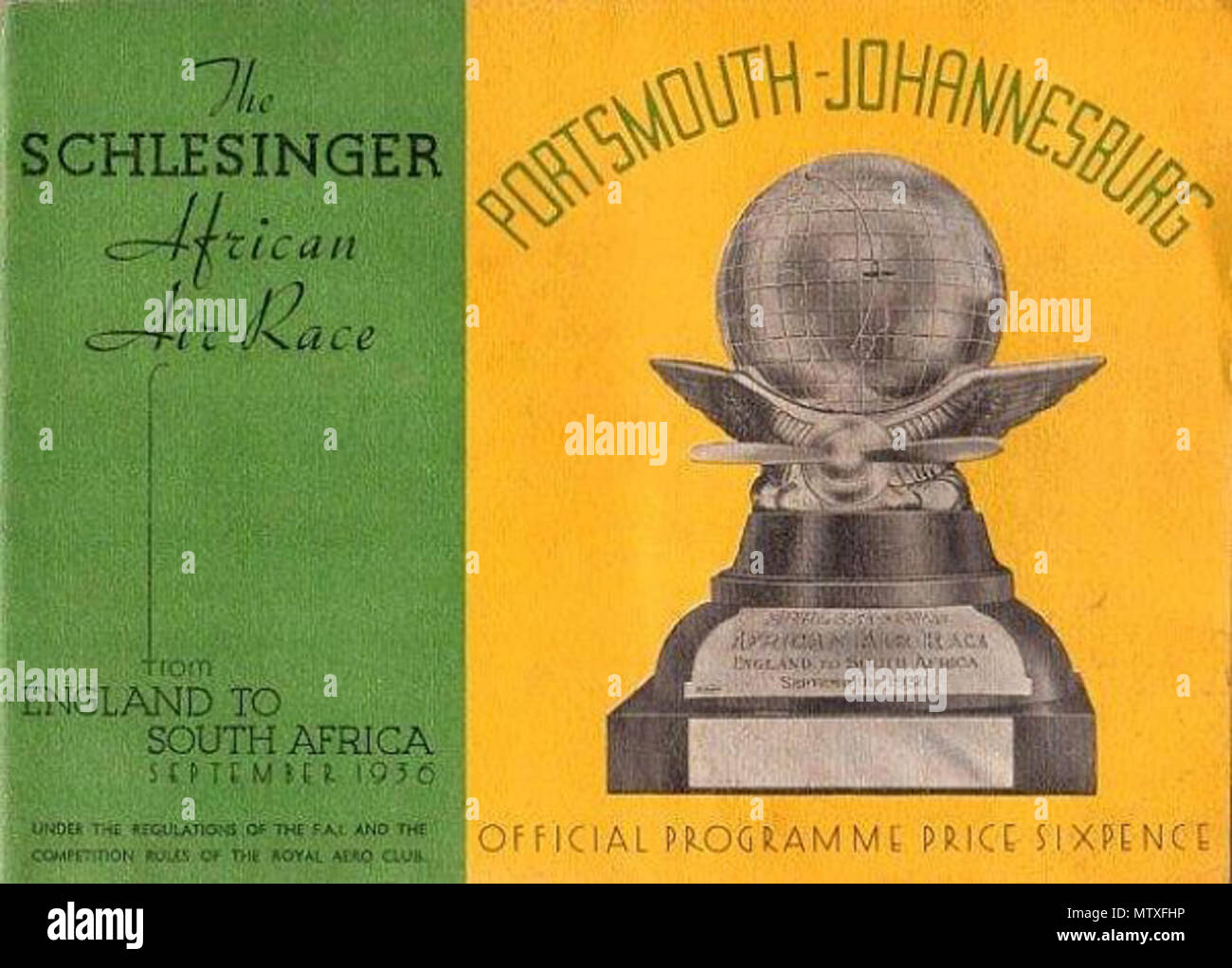 . English: The front cover of the official Schlesinger Race programme, Portsmouth - Johannesburg Race. 1936. Royal Aero Club 545 Schelsinger race program RAeC Stock Photo