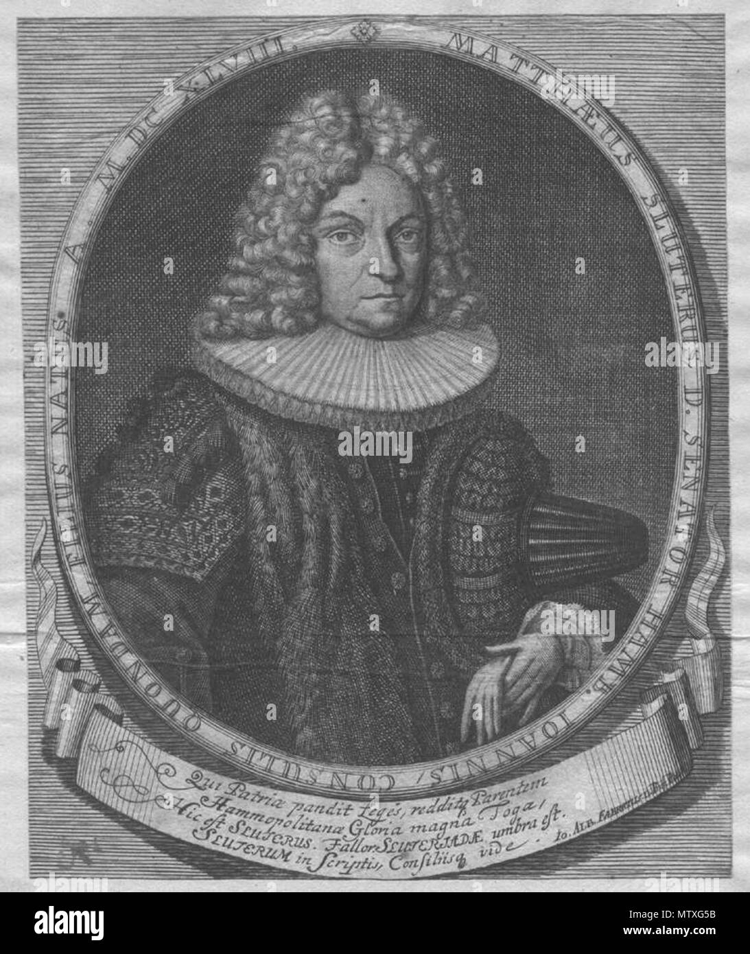 . English: Portrait of Hamburg Senator Matthaeus Schlueter (1648-1719), engraving, 193x157 mm . before 1719. ioh.Albr.? 547 SchlueterMC1830 Stock Photo