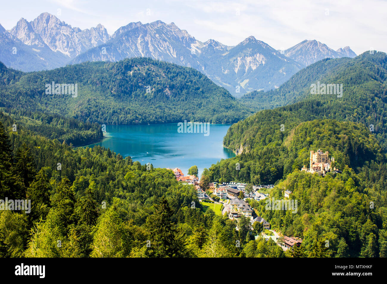 Views of Alpsee lake and Hohenschwangau, from Neuschwanstein castle, with Schloss Hohenschwangau visible in the lower right, Germany Stock Photo