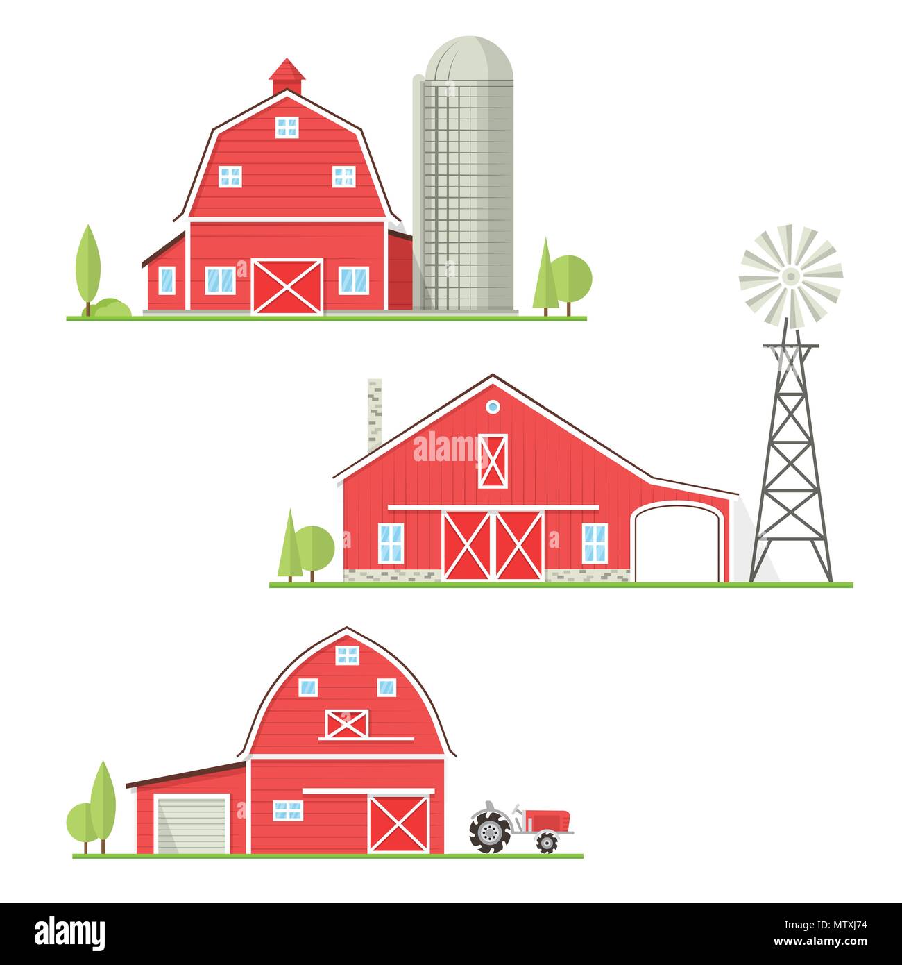 Set of old american farm icon in flat style. For web design and application interface. Vector illustration. Farm house with old tractor, barn, old win Stock Vector
