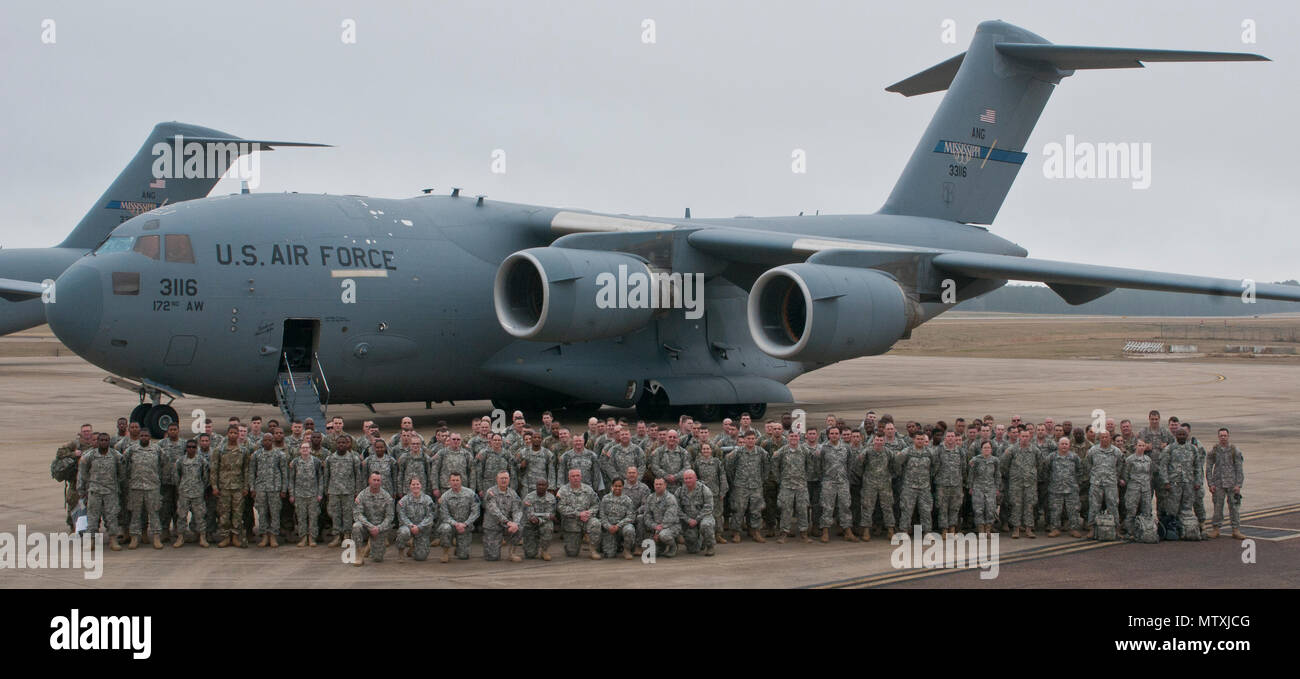 Approximately 150 members of the Mississippi National Guard depart from Flowood, Mississippi, Jan. 18, 2017, to support the 58th Presidential Inauguration in Washington, D.C. More than 7,500 citizen-Soldiers/Airmen from about 40 states and territories across the U.S. will join the District of Columbia National Guard to supplement security, communication, medical evacuation, and other support to civilian authorities during the Presidential Inauguration. Stock Photo