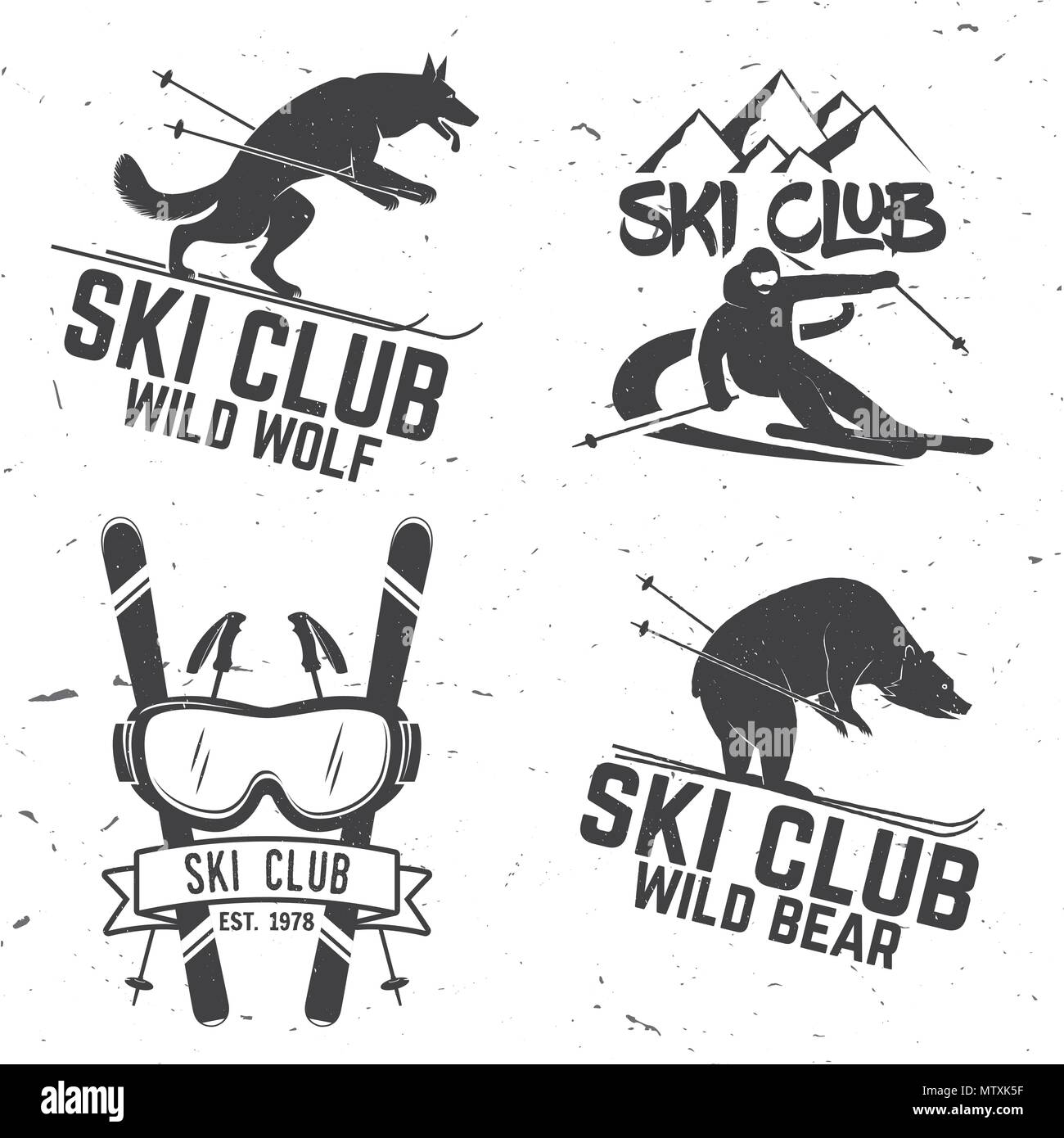 Set of vector ski club retro badges. Concept for shirt, print, seal or stamp. Skis, mountain, bear, wolf and goggles. Typography design- stock vector. Stock Vector
