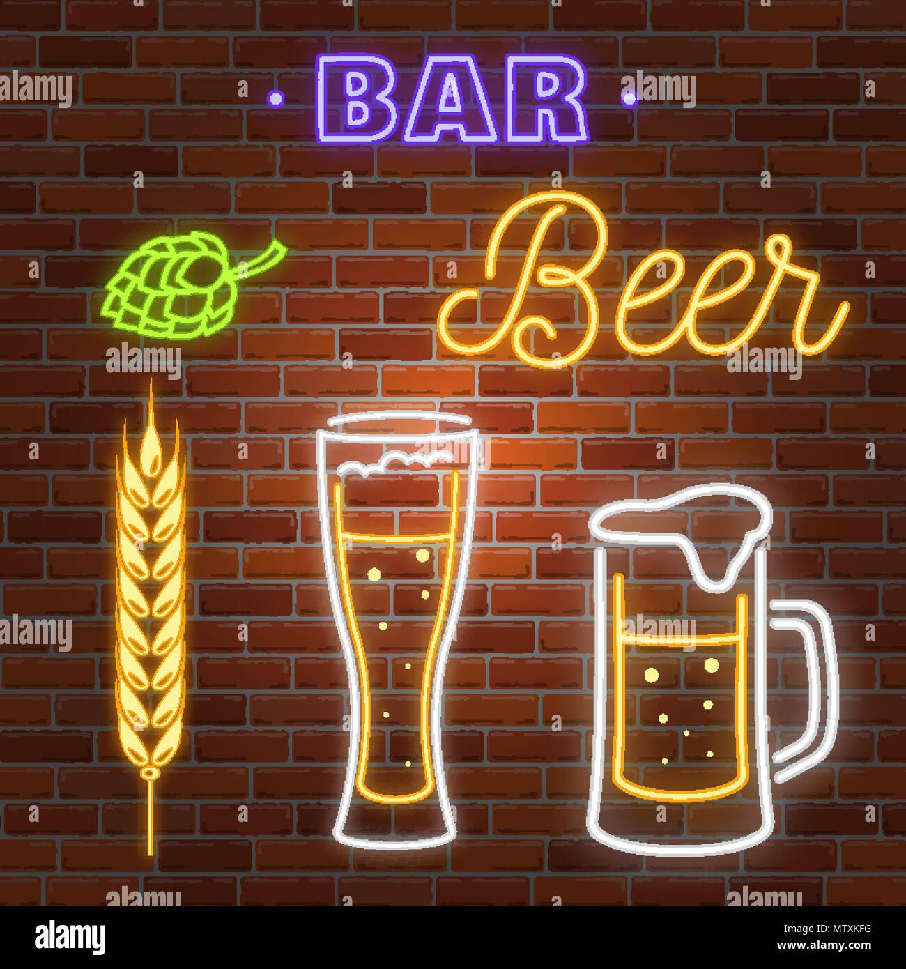 Set of neon Beer Bar sign on brick wall background. Vector illustration. Stock Vector