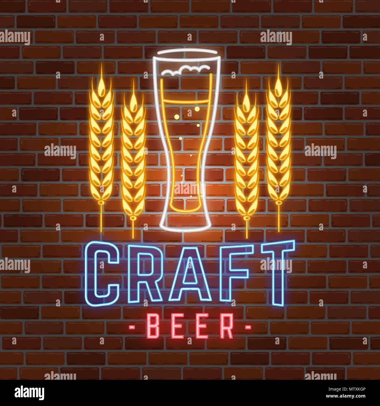 Retro neon Beer Bar sign on brick wall background. Vector illustration. Neon design for bar, pub or restaurant business. Craft beer. Stock Vector