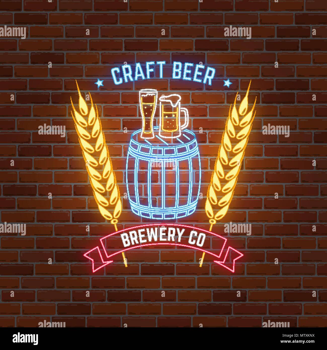 Retro neon Beer Bar sign on brick wall background. Vector illustration. Neon design for bar, pub or restaurant business. Craft beer. Stock Vector