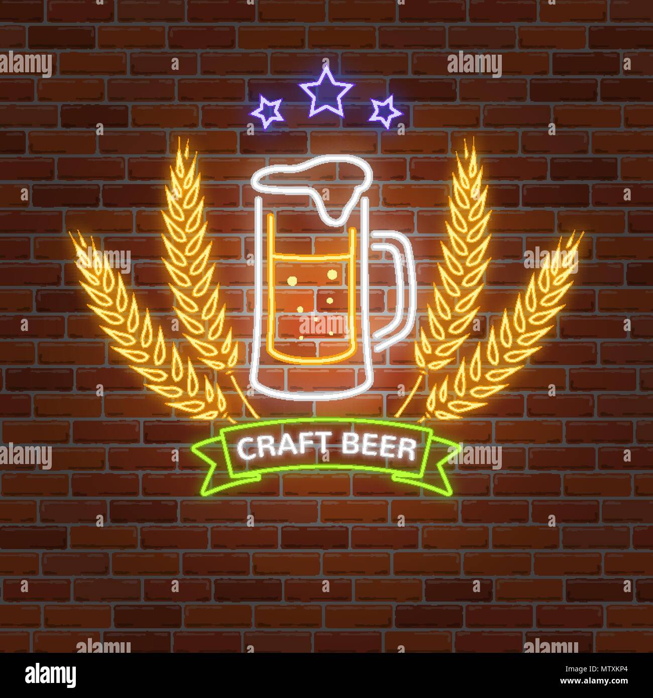 Retro neon Beer Bar sign on brick wall background. Vector illustration. Neon design for bar, pub or restaurant business. Craft beer. Stock Vector