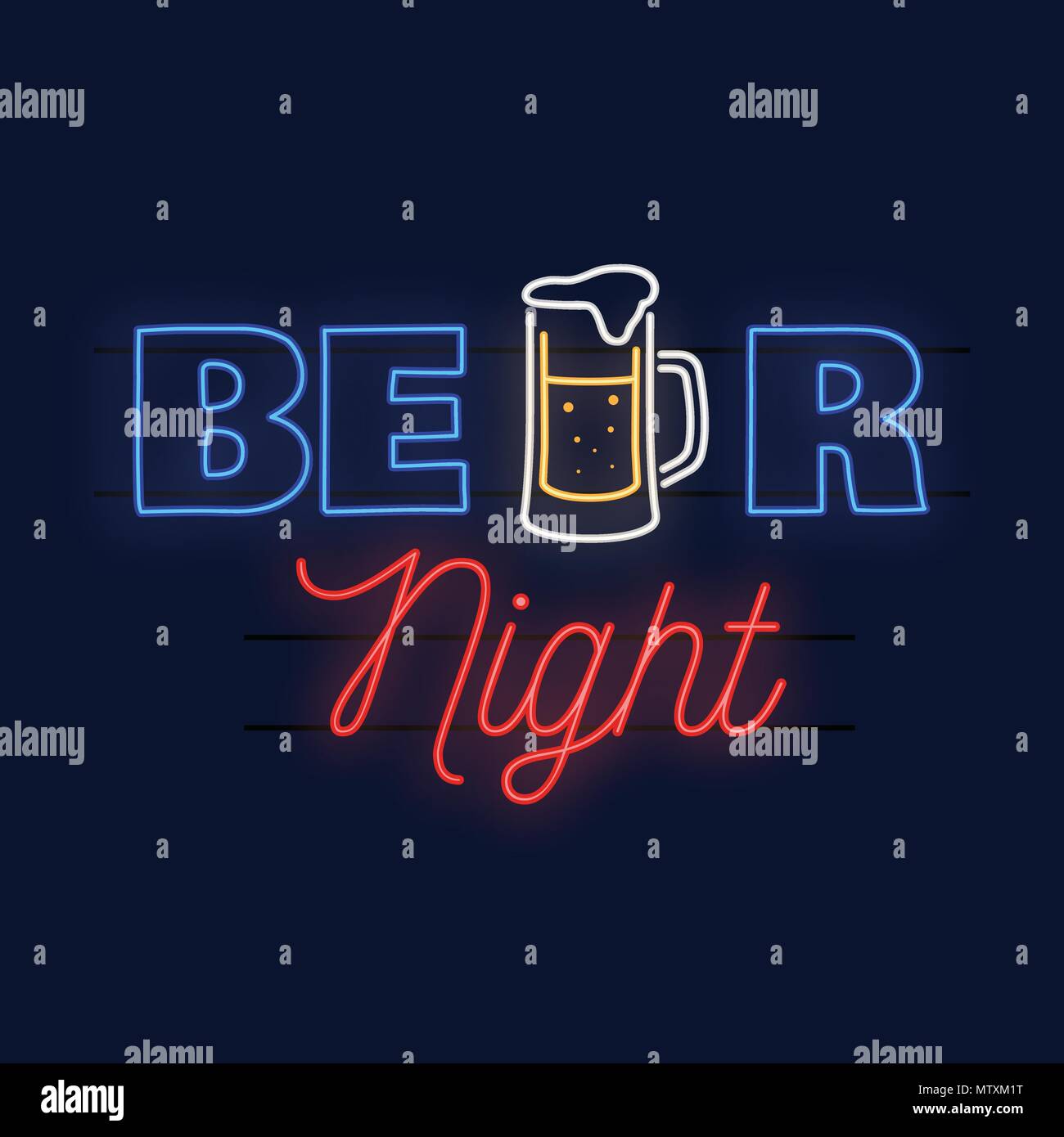 Beer night. Vector illustration. Neon design for bar, pub and restaurant business. Stock Vector