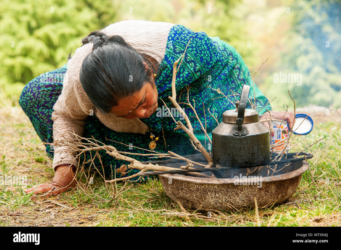 Indian woman making tea, Champawatt, Kumaon Hills, Uttarakhand, India Stock Photo