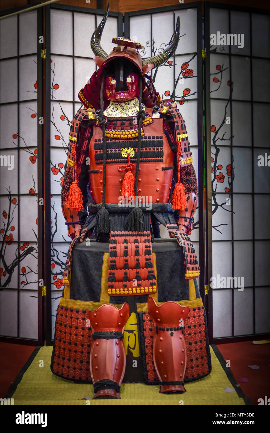 Yoroi. Traditional armor of Japanese samurai with mask and horns Stock