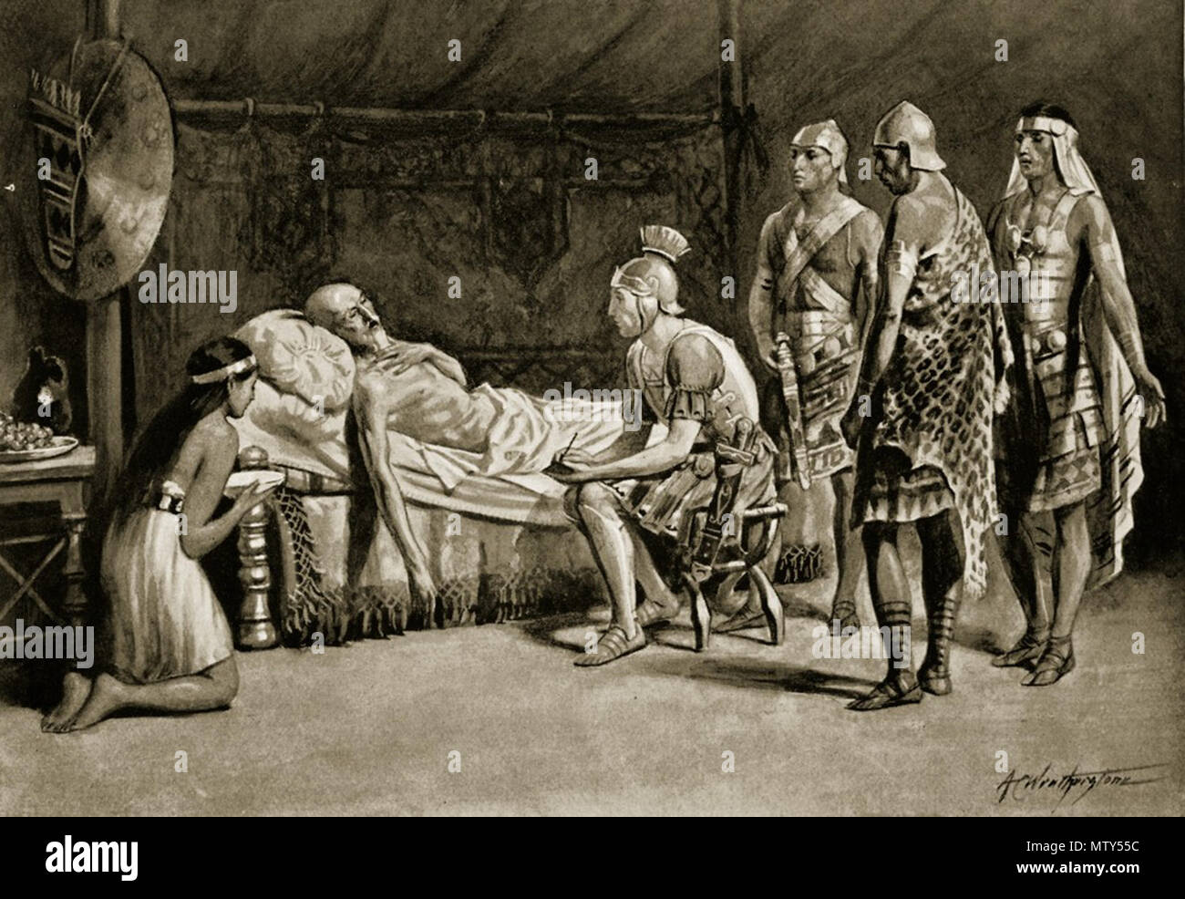 . Scipio at the deathbed of Masinissa (C20) . Masinissa, the king of Numidia (c.240 – 148 B.C), died in 148 B.C., still at odds with the Roman governement; He honoured Scipio Aemilianus (185 – 129 BC), who was present at his death, by asking him to divide the kingdom between Masinissa's three sons . C20  548 Scipio at the deathbed of Masinissa (C20) Stock Photo