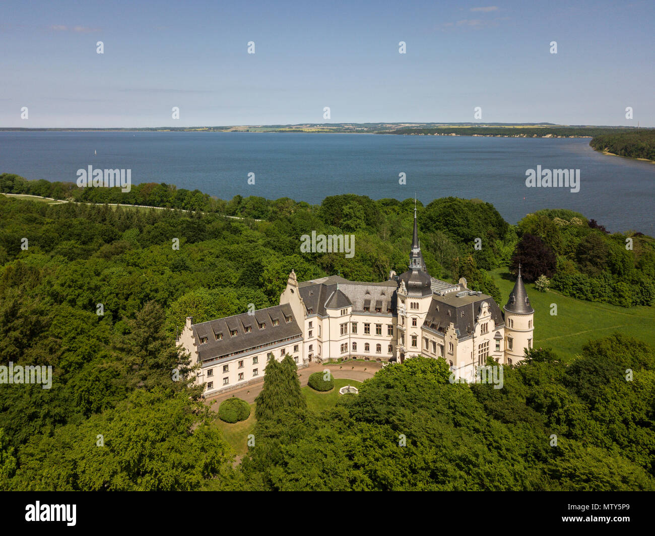 Aerial view of Neo-Renaissance Ralswiek castle on the Ruegen island Stock Photo