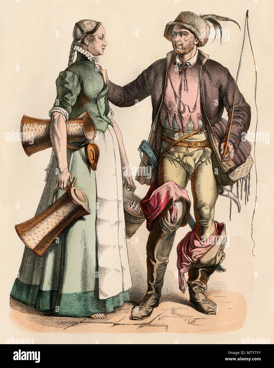 Maiden from Nuremberg carrying pails, and a livestock driver. Hand-colored print Stock Photo