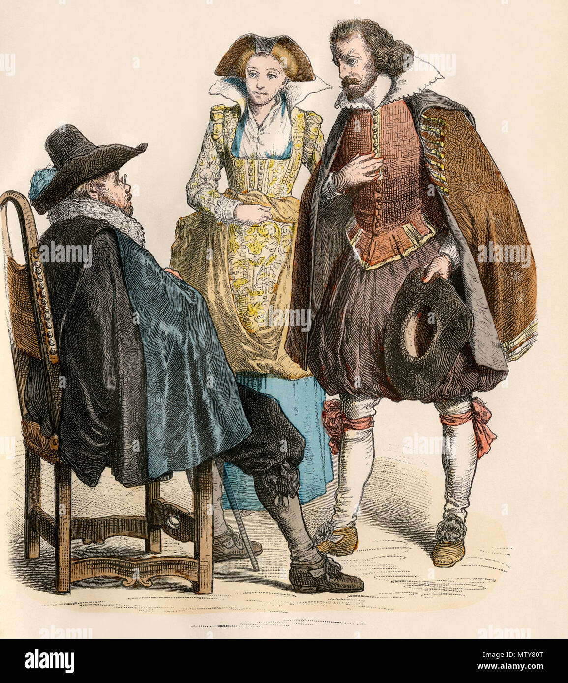 German citizens' fashion, early 1600s. Hand-colored print Stock Photo