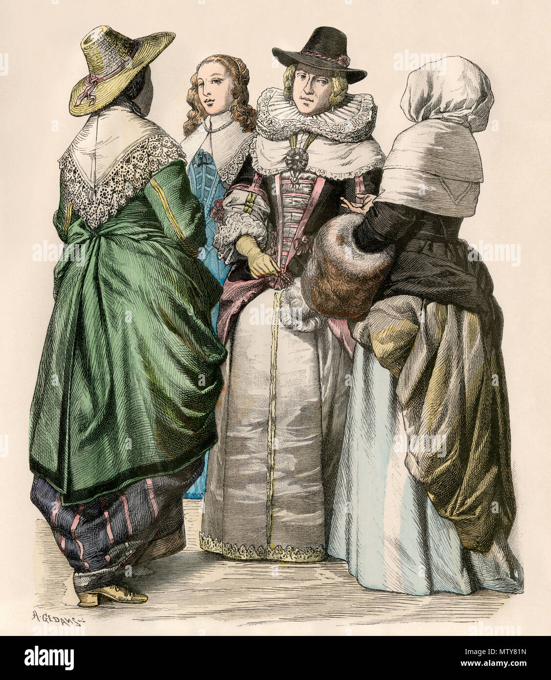 English women's fashion, 1640: burgerwoman, woman of the street, Lord-Mayor's wife, and a matron. Hand-colored print Stock Photo
