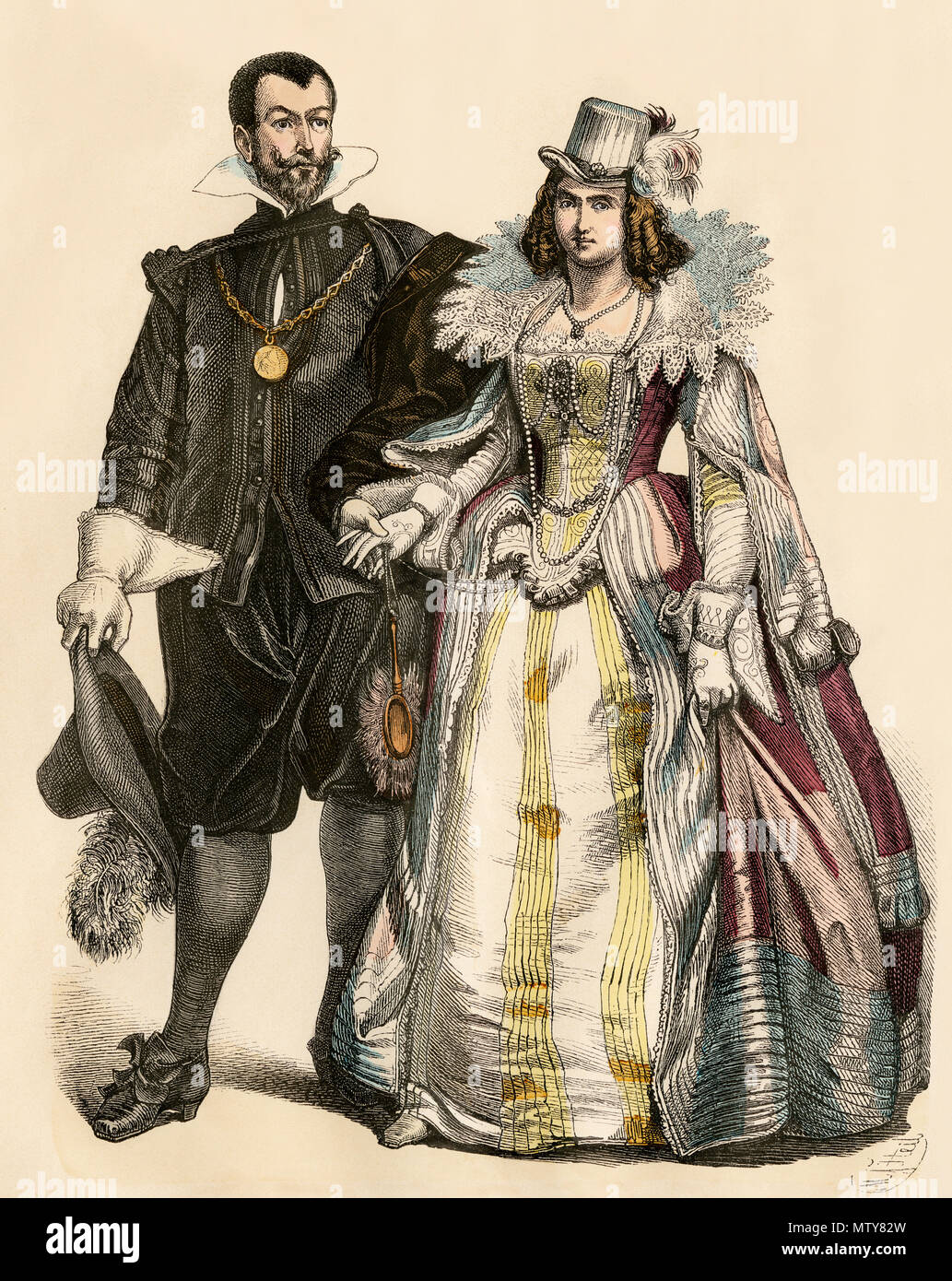 Spanish nobility in the Netherlands, 1600s. Hand-colored print Stock Photo
