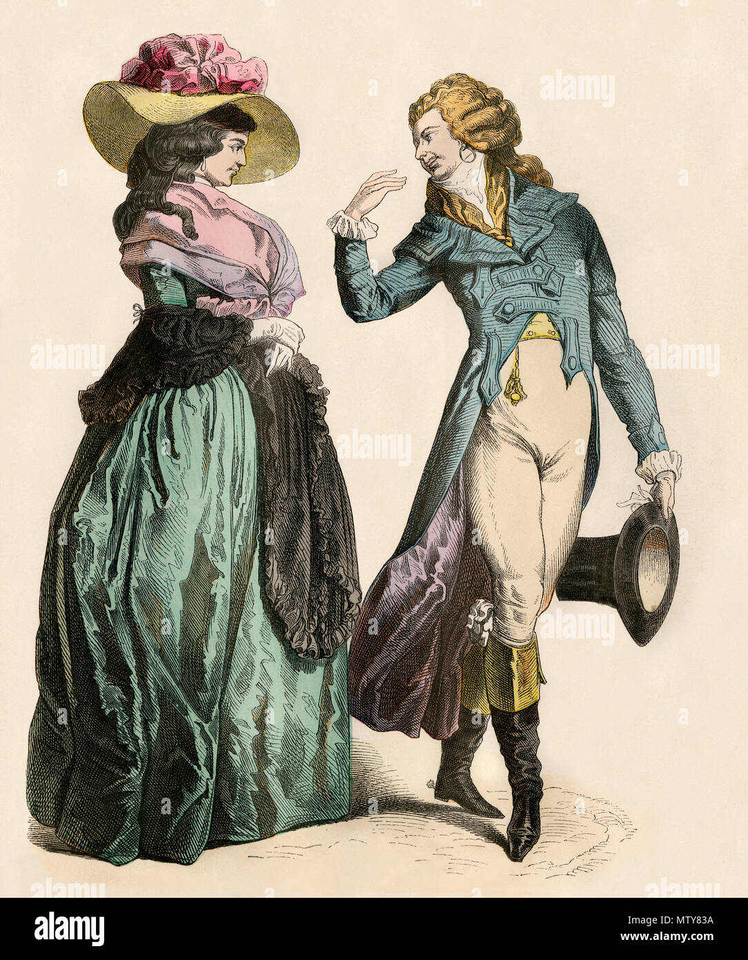 German man greeting a woman, 1700s. Hand-colored print Stock Photo
