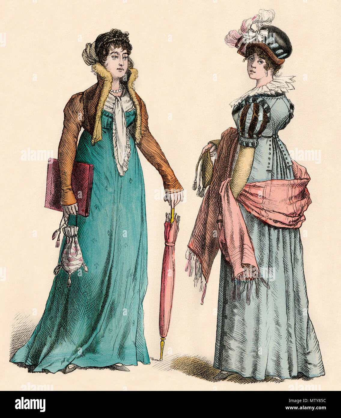 European women's fashion, early 1800s. Hand-colored print Stock Photo