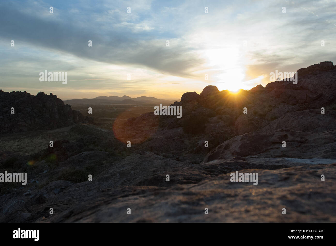 Scenic landscape view at Hueco Tanks State Park in El Paso, Texas during sunset. Stock Photo