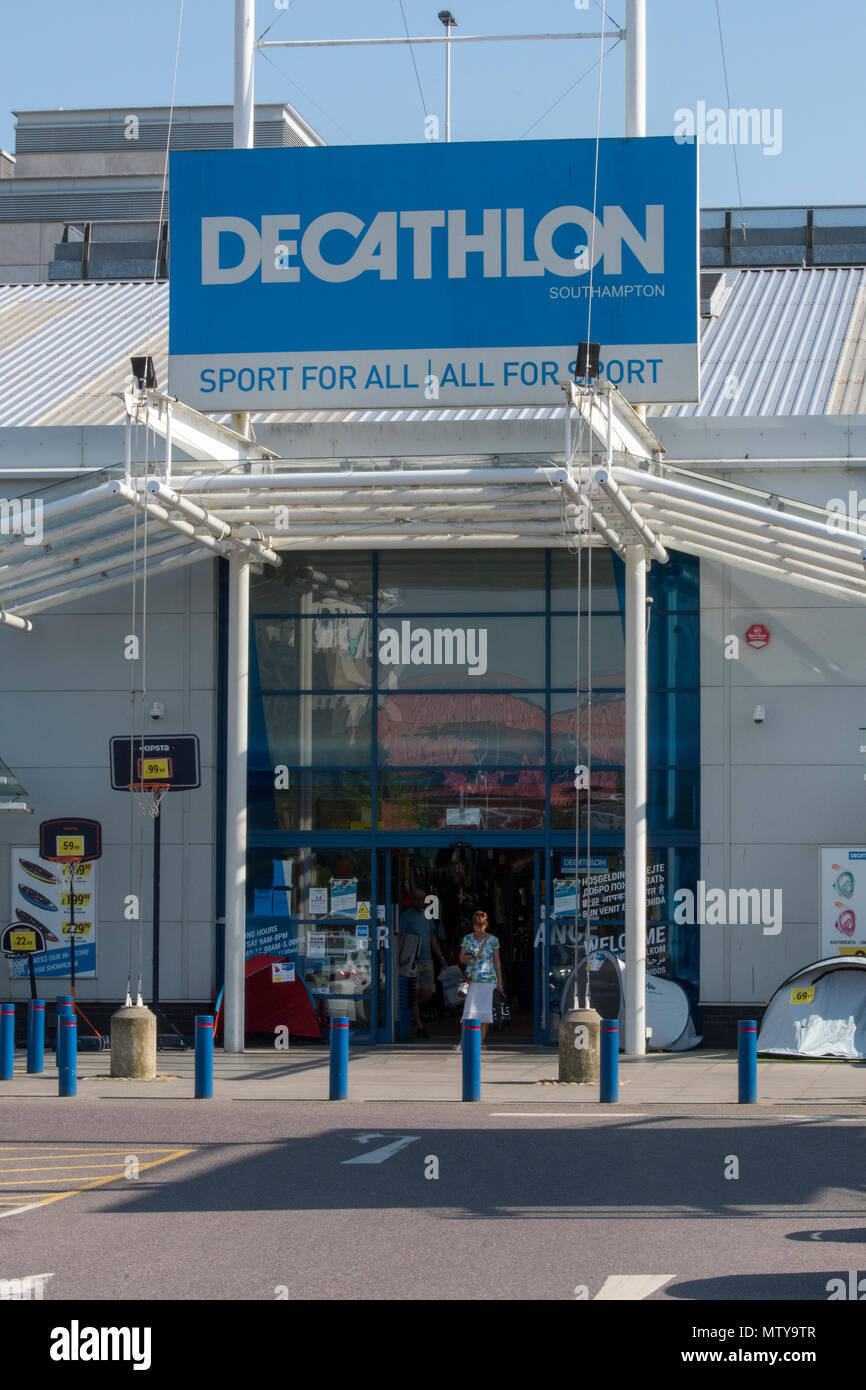 the high street sports retailer or chain store shop decathlon at an out of  town shopping mall or centre retail park. huge sports equipment suppliers  Stock Photo - Alamy