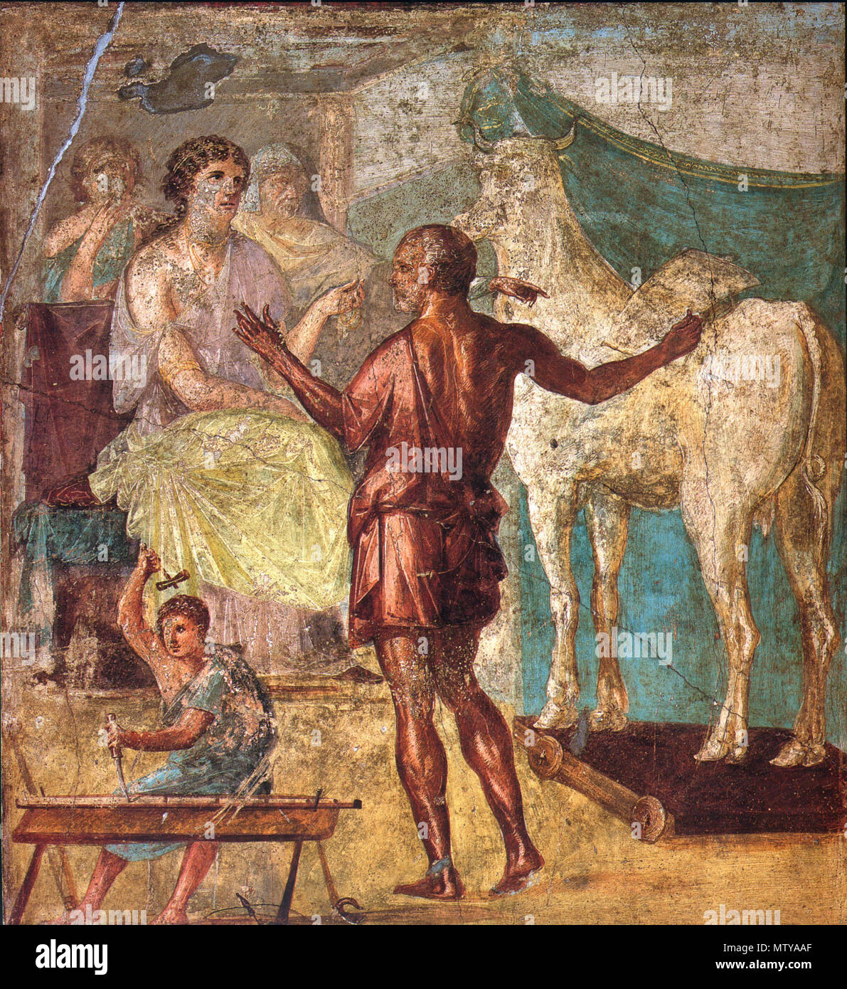. English: Daedalus, Pasiphae and wooden cow. Roman fresco from the northern wall of the triclinium in the Casa dei Vettii (VI 15,1) in Pompeii. Deutsch: Daedalus übergibt Pasiphae, der Gemahlin des Minos, die hölzerne Kuh. Römisches Fresko von der Nordwand des Tricliniums in der Casa dei Vettii (VI 15,1) in Pompeji. 13 March 2009. WolfgangRieger 491 Pompeii - Casa dei Vettii - Pasiphae Stock Photo