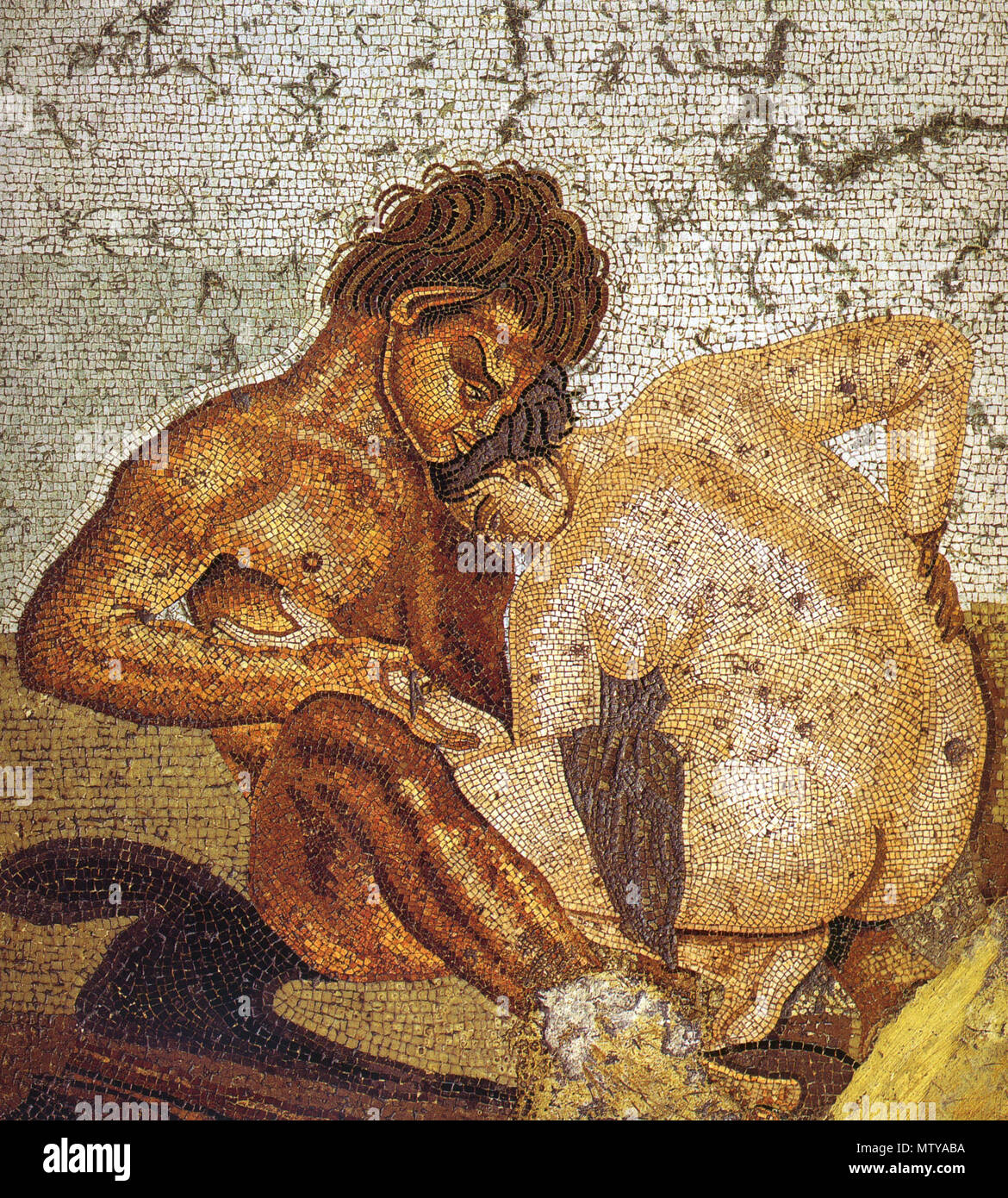 . English: Satyr and nymph. Roman mosaic from the cubiculum in the Casa del Fauno (VI 12, 2-5) in Pompeii. Museo Archeologico Nazionale (Naples), inv. nr. 27707. Deutsch: Satyr und Nymphe. Römisches Mosaik aus dem Cubiculum in der Casa del Fauno (VI 12, 2-5) in Pompeji. Museo Archeologico Nazionale (Neapel), inv. nr. 27707. 13 March 2009. WolfgangRieger 491 Pompeii - Casa del Fauno - Satyr and Nymph - MAN Stock Photo