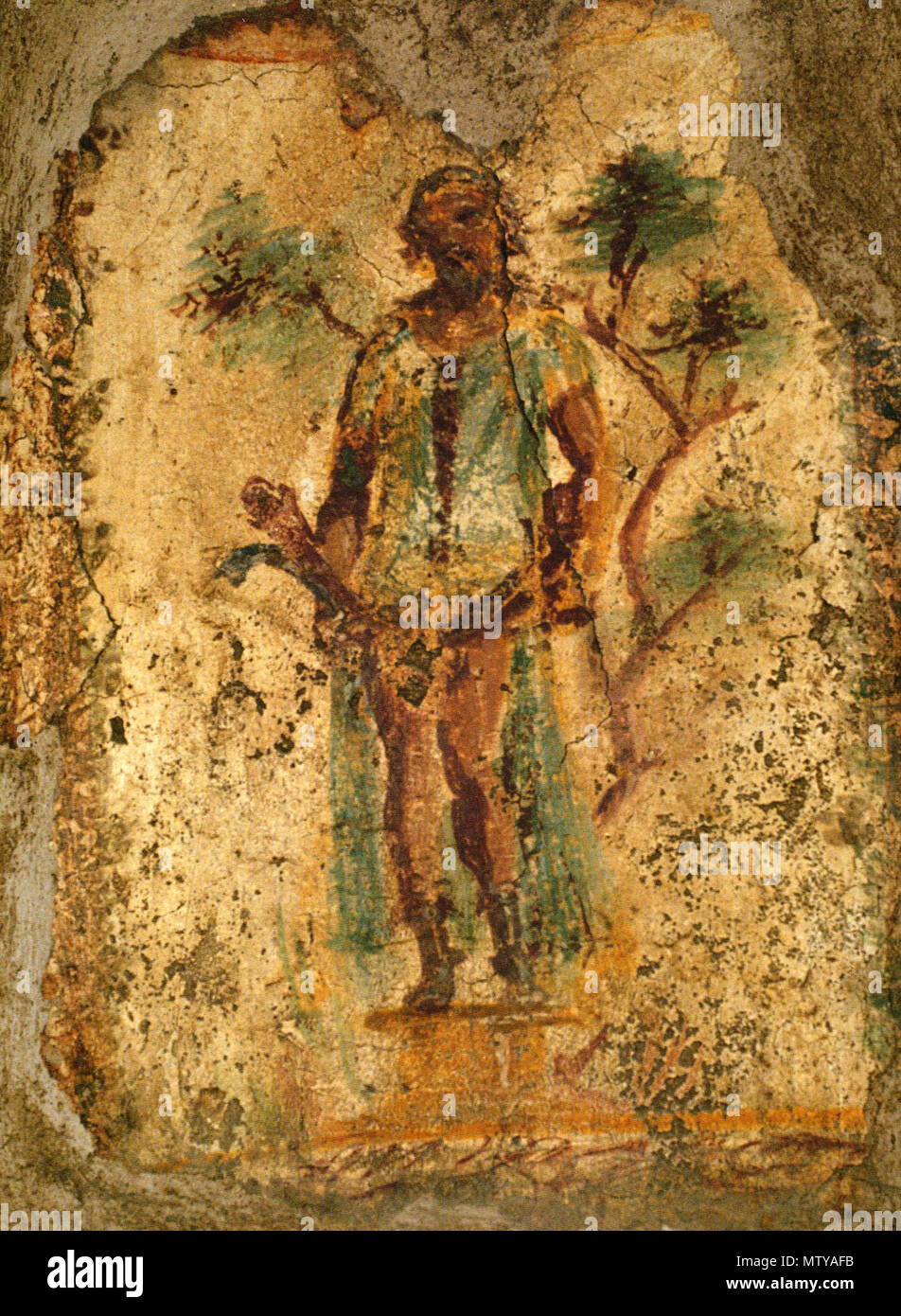 . English: Priapus with double phallus. Fresco from the Lupanar in Pompeii. North wall, between rooms c and d. Ca. 70-79 AD. 21 July 2010. Wolfgang Rieger 492 Pompeii - Lupanar - Priapus Stock Photo