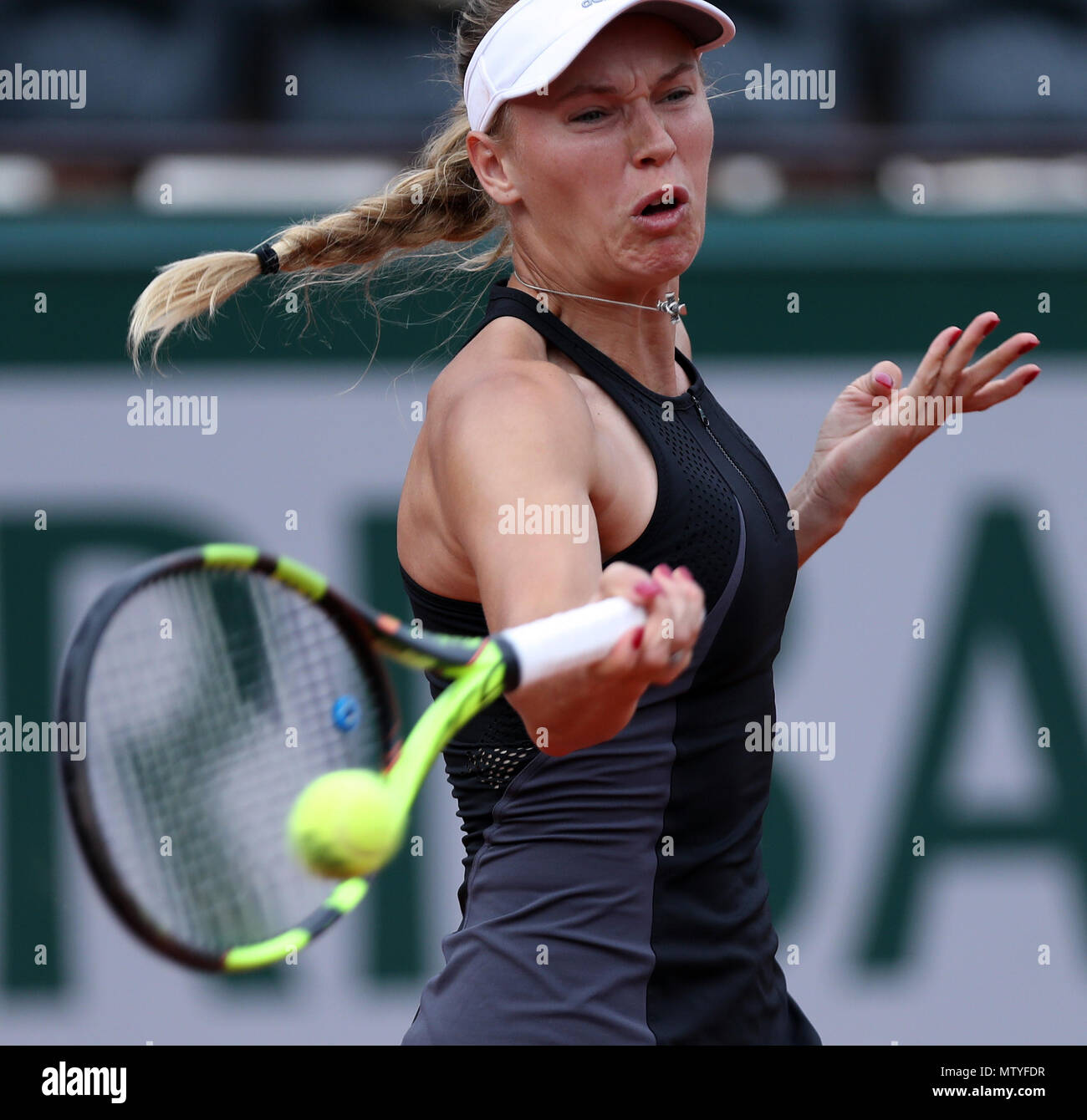 Paris. 30th May, 2018. Caroline Wozniacki of Denmark returns a shot during  the women's singles second round match against Georgina Garcia Perez of  Spain at the French Open Tennis Tournament 2018 in