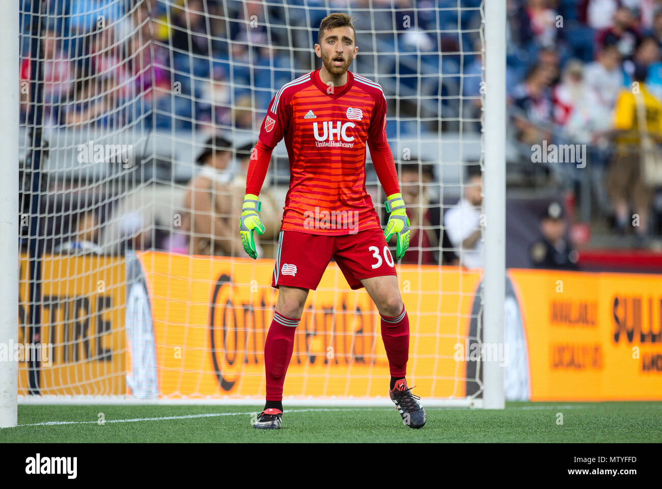Gillette Stadium. 30th May, 2018. MA, USA; New England Revolution  goalkeeper Matt Turner (30) in action during an MLS match between Atlanta  United FC and New England Revolution at Gillette Stadium. The