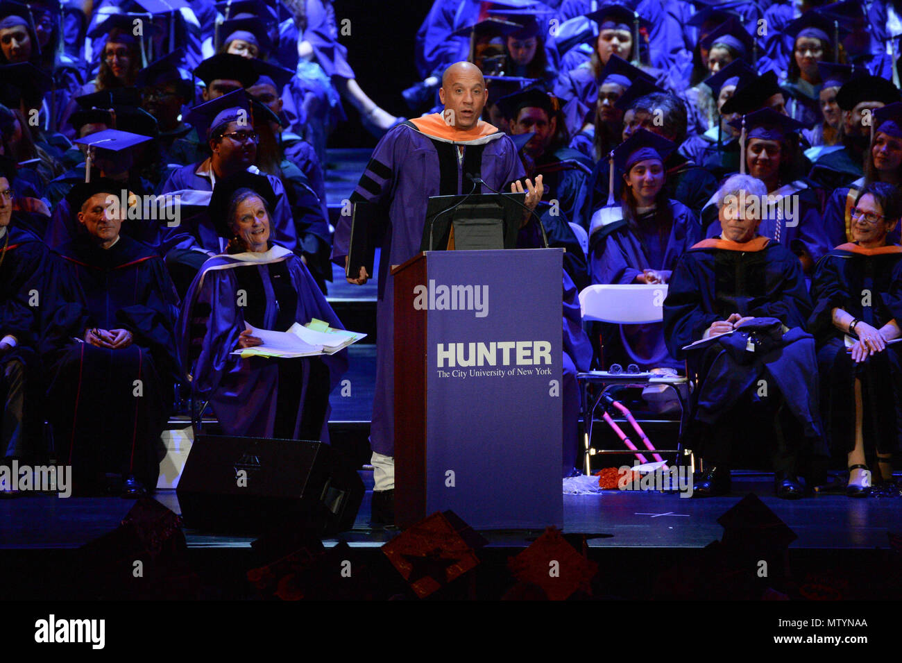 New York, USA. 30th May 2018. Actor Vin Diesel gives a commencement address in front of 1,800 Hunter College students on May 30, 2018 at Radio City Music Hall in New York. Credit: Erik Pendzich/Alamy Live News Stock Photo