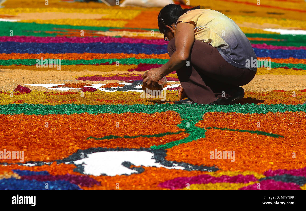 Sao Paulo, Brazil. 31st May, 2018. Faithful prepare the decoration of the traditional carpets for procession that is part of the celebrations of Corpus Christi in the city of Santana de Parnaiba Credit: Dario Oliveira/ZUMA Wire/Alamy Live News Stock Photo