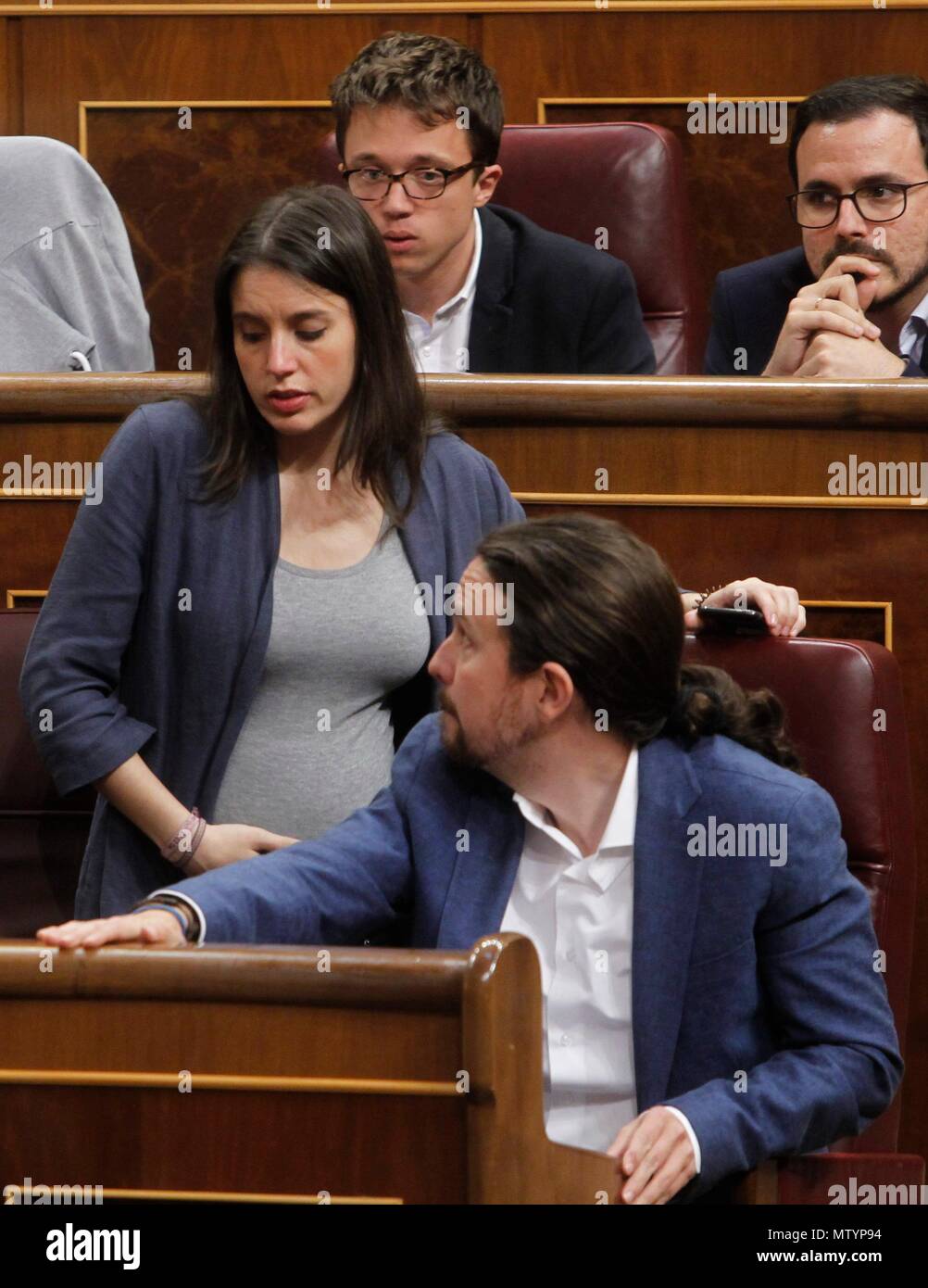 Motion of no confidence debate against spanish government after the sentence that condemns the Popular Party - PP- for corruption in the Gurtel case, Deputes Congress, Madrid. (Photo: Cuesta/261/Cordon Press). Irene Montero and Pablo Iglesias of Podemos.  Cordon Press Stock Photo