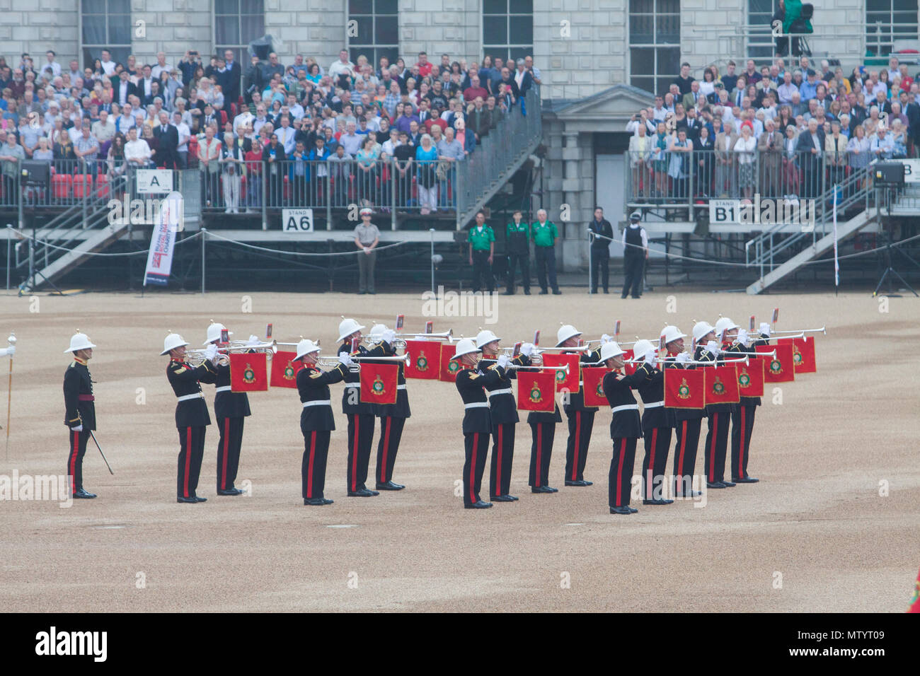 London UK. 31st May 2018. Horse Guards. The Massed bands of Her Majesty's Royal Marines perform Beating Retreat  ceremony attended by HRH William The Duke of Cambridge in an evening extravaganza of pomp and musical ceremony Credit: amer ghazzal/Alamy Live News Stock Photo