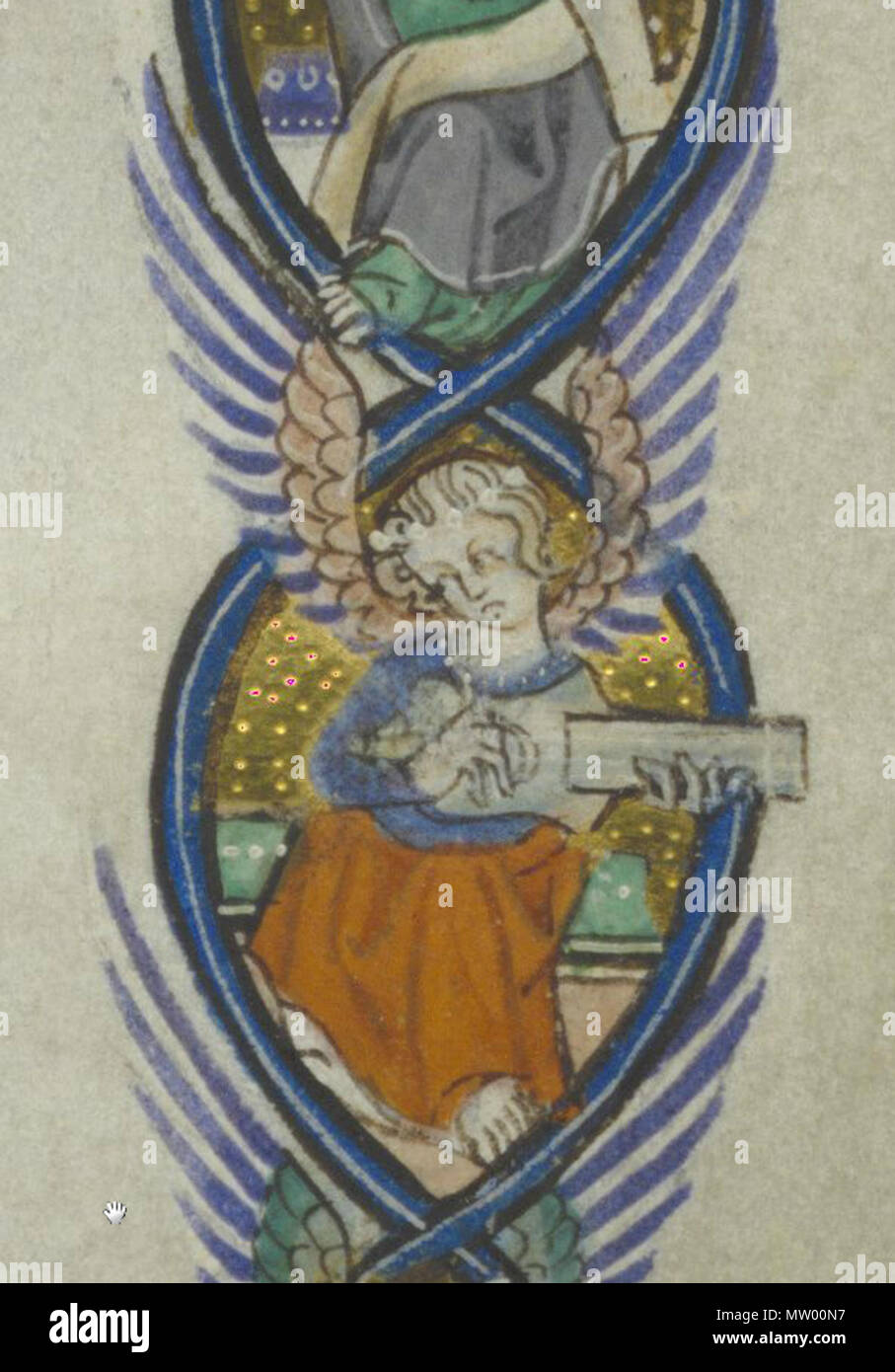 . English: Angel with a citole. Art from right margin of Peterborough Psalter (Brussels copy). Citole's thick neck is just visible at the edges of the fingerboard. 1 January 1320. Unknown 478 Peterborough Psalter citole page 154 Stock Photo