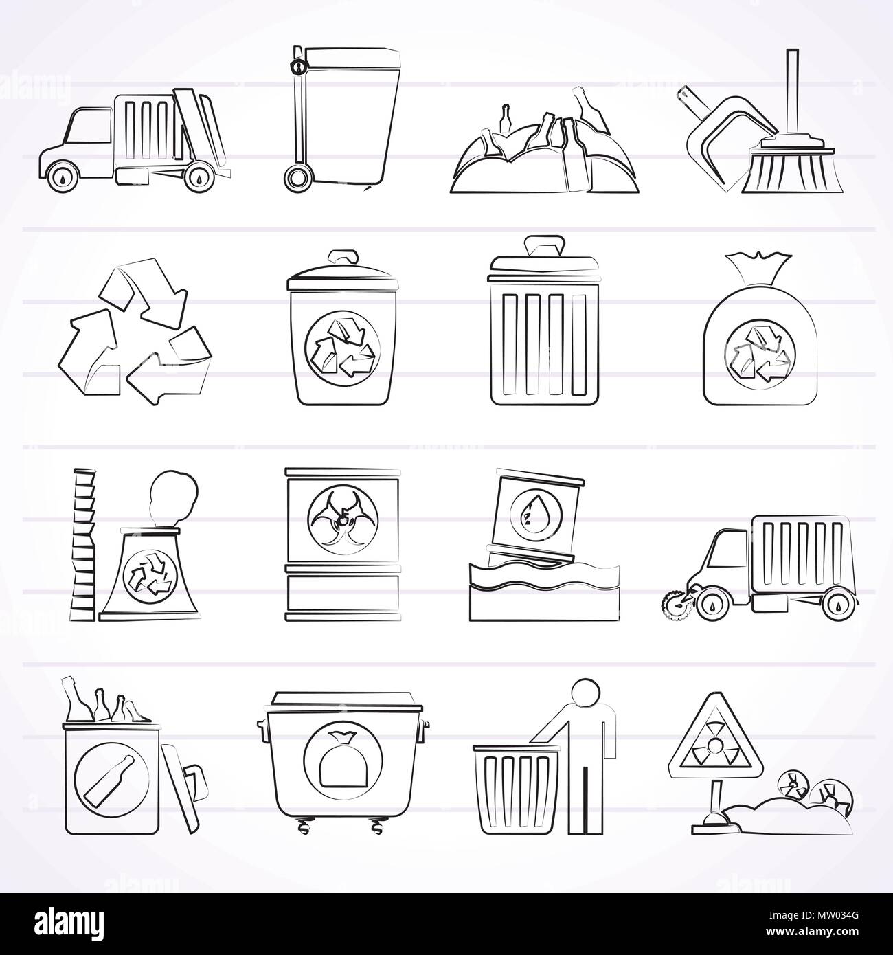 Garbage, cleaning and rubbish icons - vector icon set Stock Vector