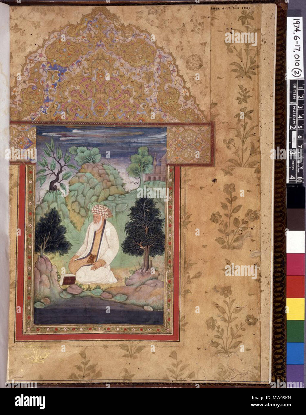 . English: Album Leaf (verso), painting on paper. Devotion. Shaykh Khwaja Ahrar seated by a stream. Inscribed. According to register, folio 1. See 1974,0617,0.10 for album description. 17thC 19thC. Khwajeh Awár 554 Shaykh Khwaja Ahrar Stock Photo