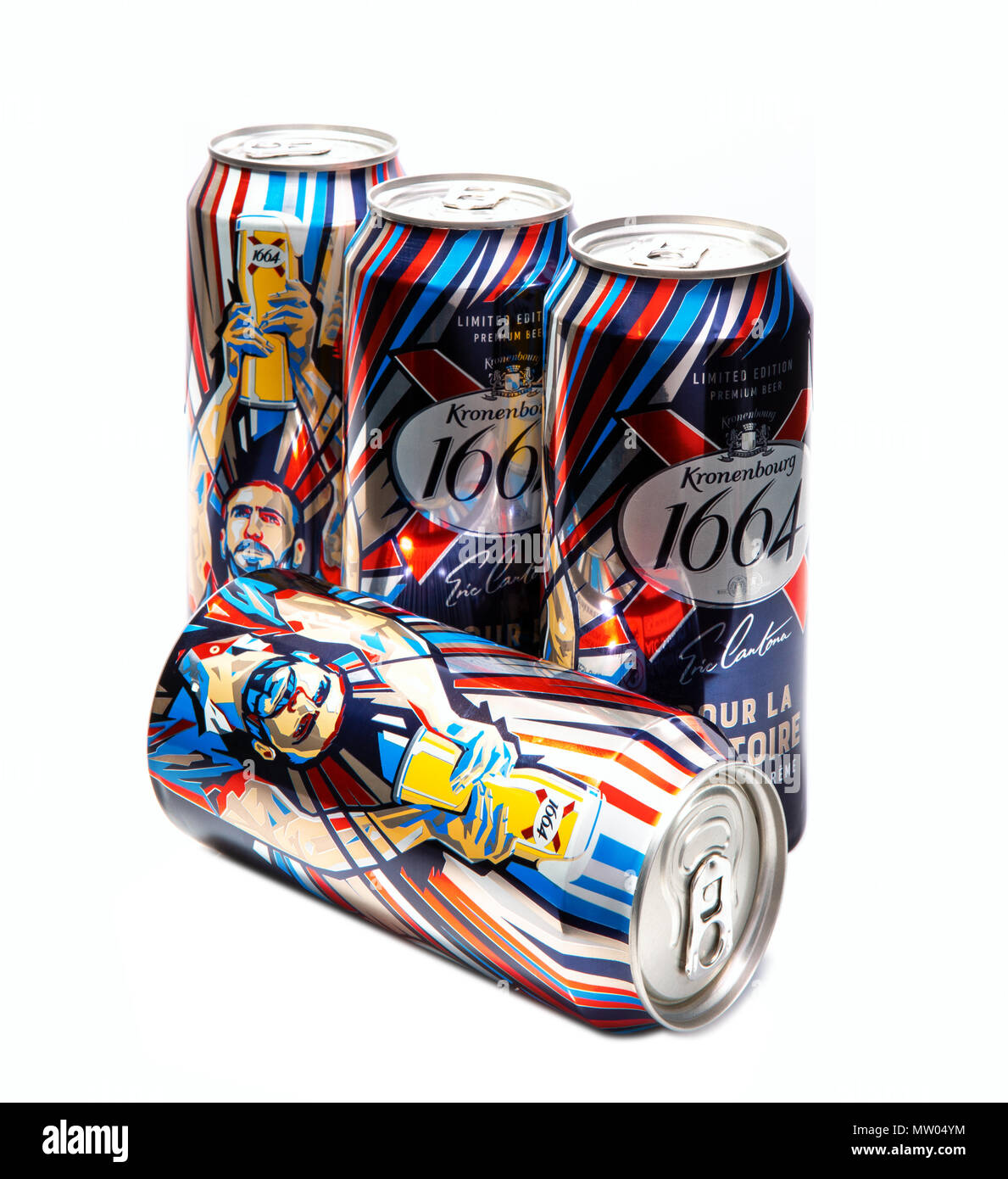 SWINDON, UK - MAY 28, 2018: 4 Cans of Kronenbourg 1664 limited edition Eric Cantona pour la victoire lager on a white background. Stock Photo