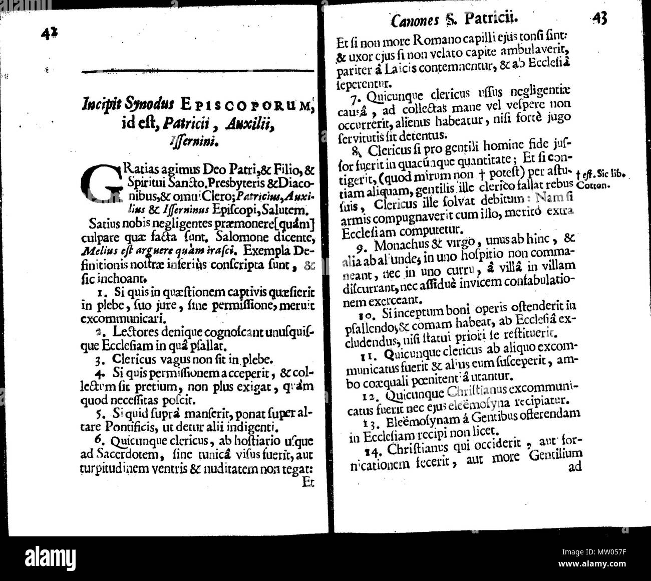 . English: Pages 42 and 43 of the work Patricio adscripta opuscula by Sir James Ware, published in London 1656, showing the transcription of the Synodus I Sancti Patricii which was written c. 457. Original text: c. 457; this publication: 1656. Original text is attributed to Saint Patrick; this publication was edited by Sir James Ware 560 Sir James Ware S. Patricio adscripta opuscula London 1656 p.42+43 Stock Photo
