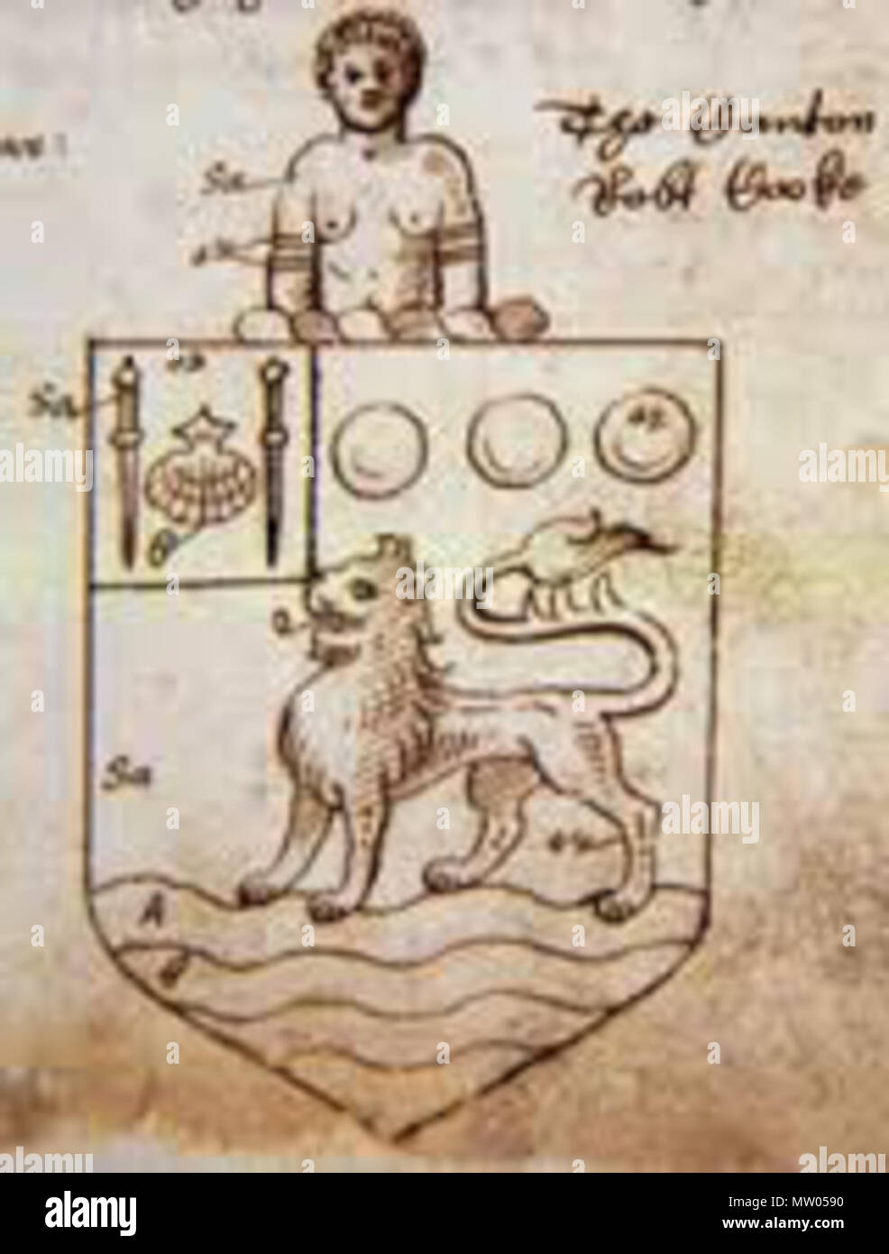 . English: The later grant of arms to John Hawkins in 1571, with the addition bearing heraldic symbols related to Riohacha, Colombia (then Rio de la Hacha), for his notable victory there, the addition being; on a canton or, an escallop between two palmers staves sable. Note the lion in the grant of arms is describes as passant, but in the accompanying illustration is statant. 4 January 1571. Robert Cook 560 Sir john hawkins later arms Stock Photo