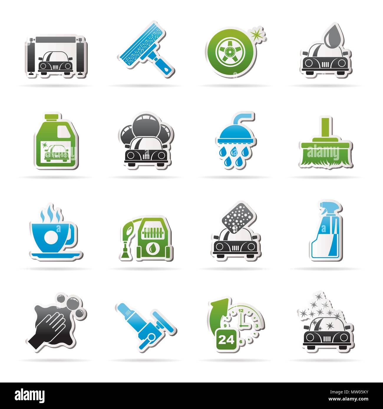 Professional car wash objects and icons - vector icon set Stock Vector