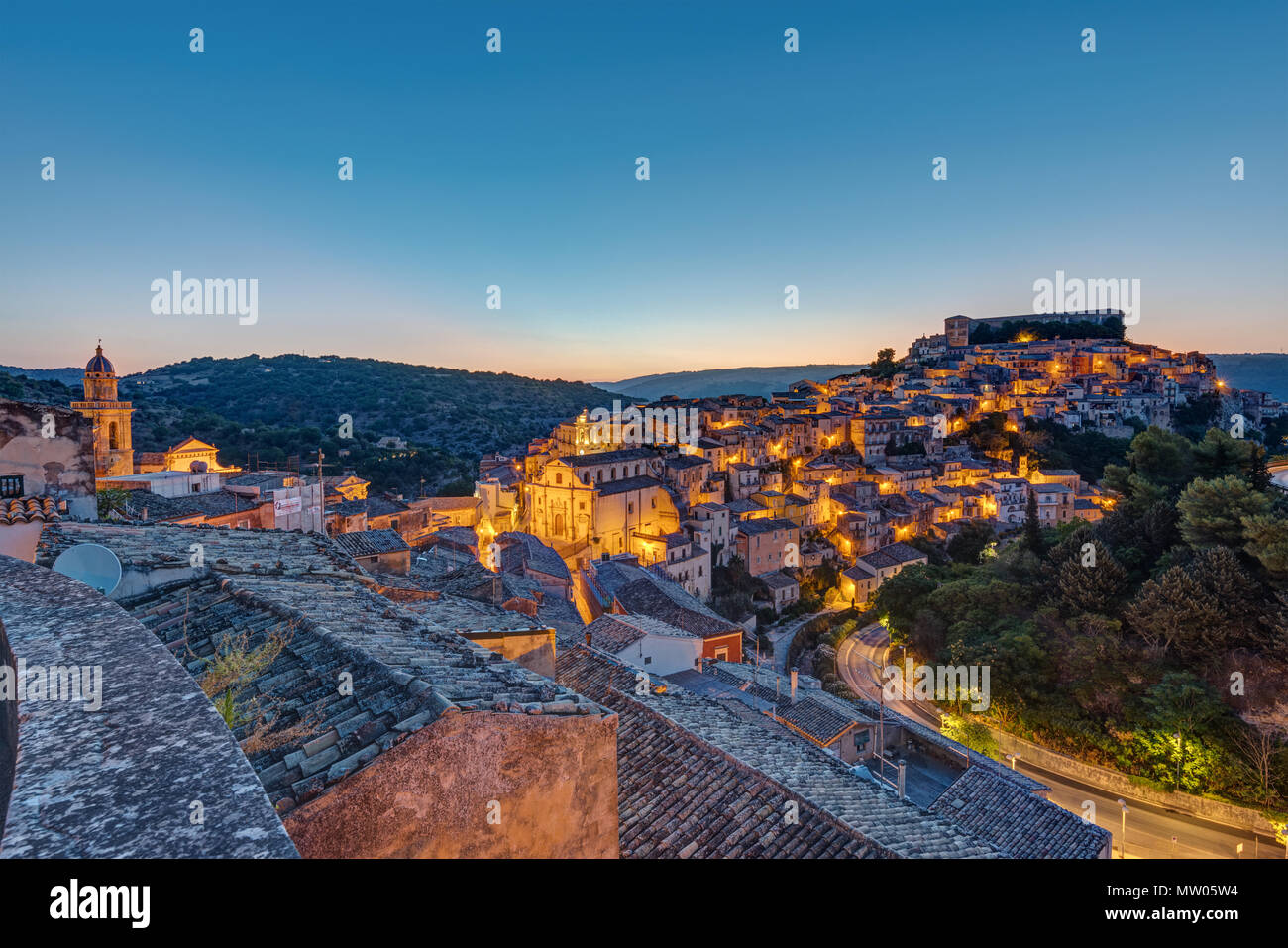 The old town of Ragusa Ibla in Sicily just before sunrise Stock Photo
