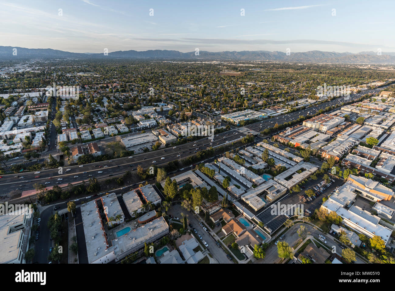 Aerial view of Encino homes, apartments and the Ventura 101 in the San Fernando Valley area of Los Angeles, California. Stock Photo