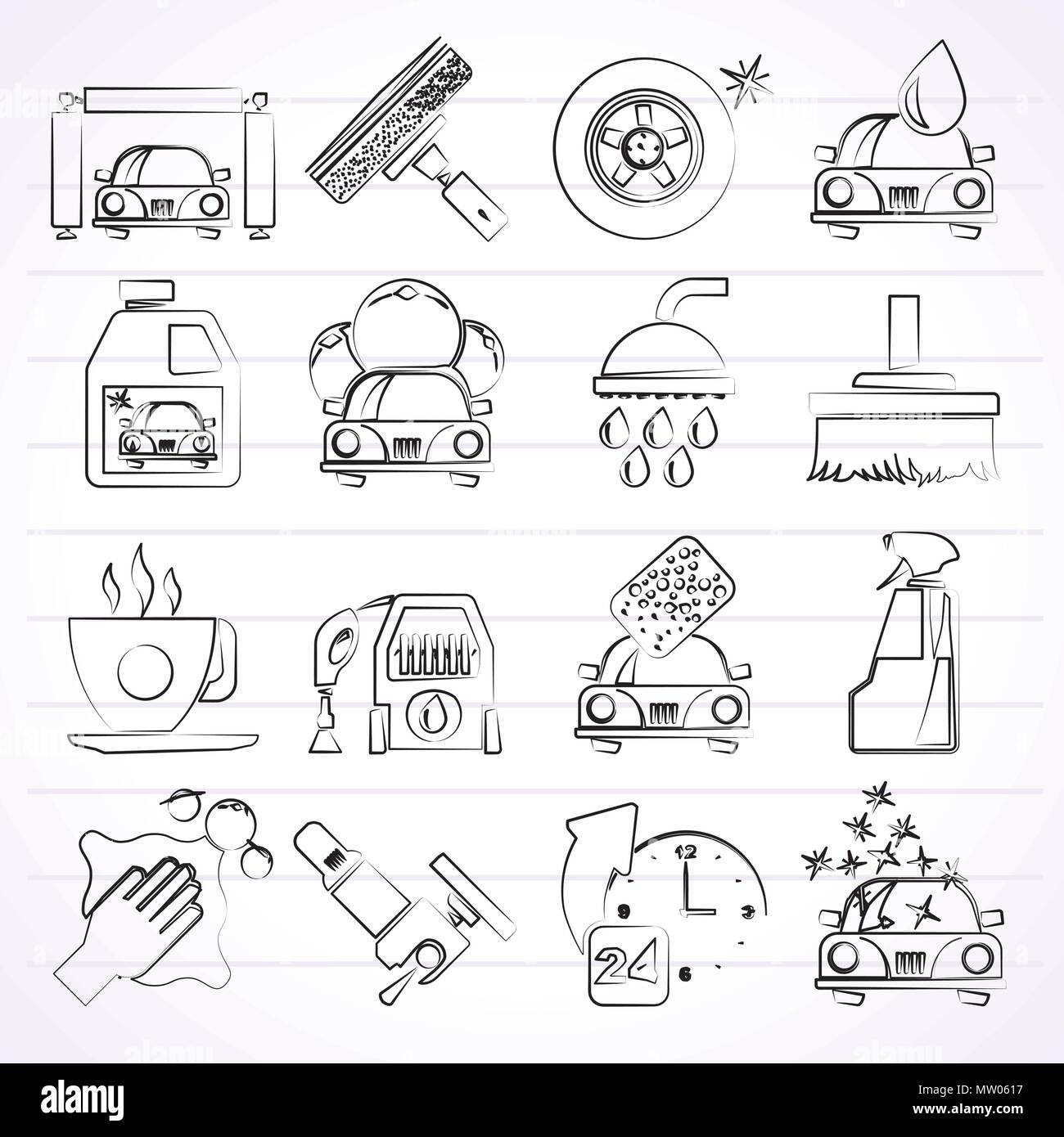 Professional car wash objects and icons - vector icon set Stock Vector