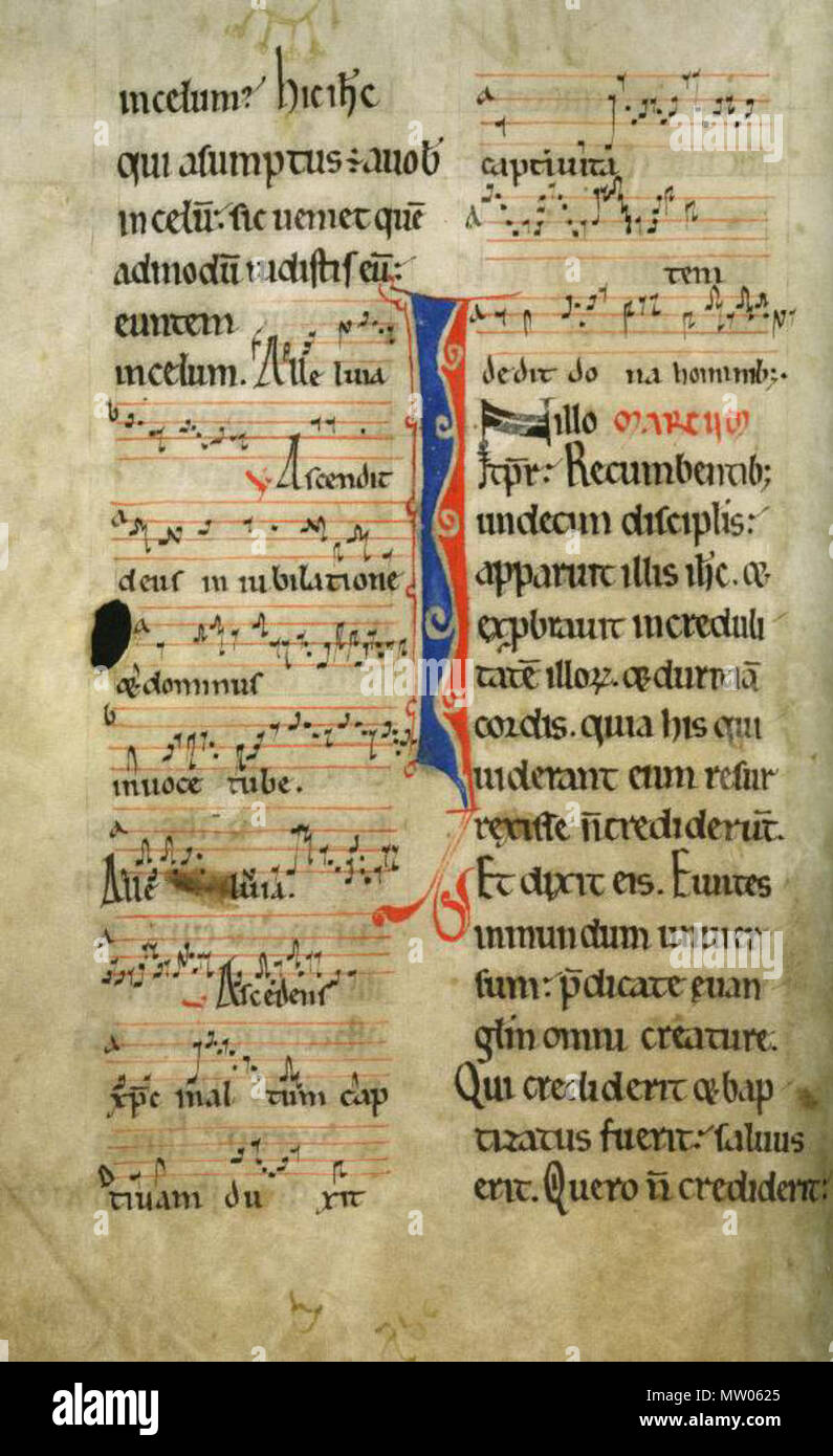 . 'English: Skaramissalet (i.e. 'The Skara Missal') is a mediaeval liturgical book from Skara Cathedral. It is probably the oldest book in Sweden, and it is dated to around 1150, this page shows the Alleluia for Ascension Day . circa 1150/60. Unknown 563 Skara 02 Stock Photo